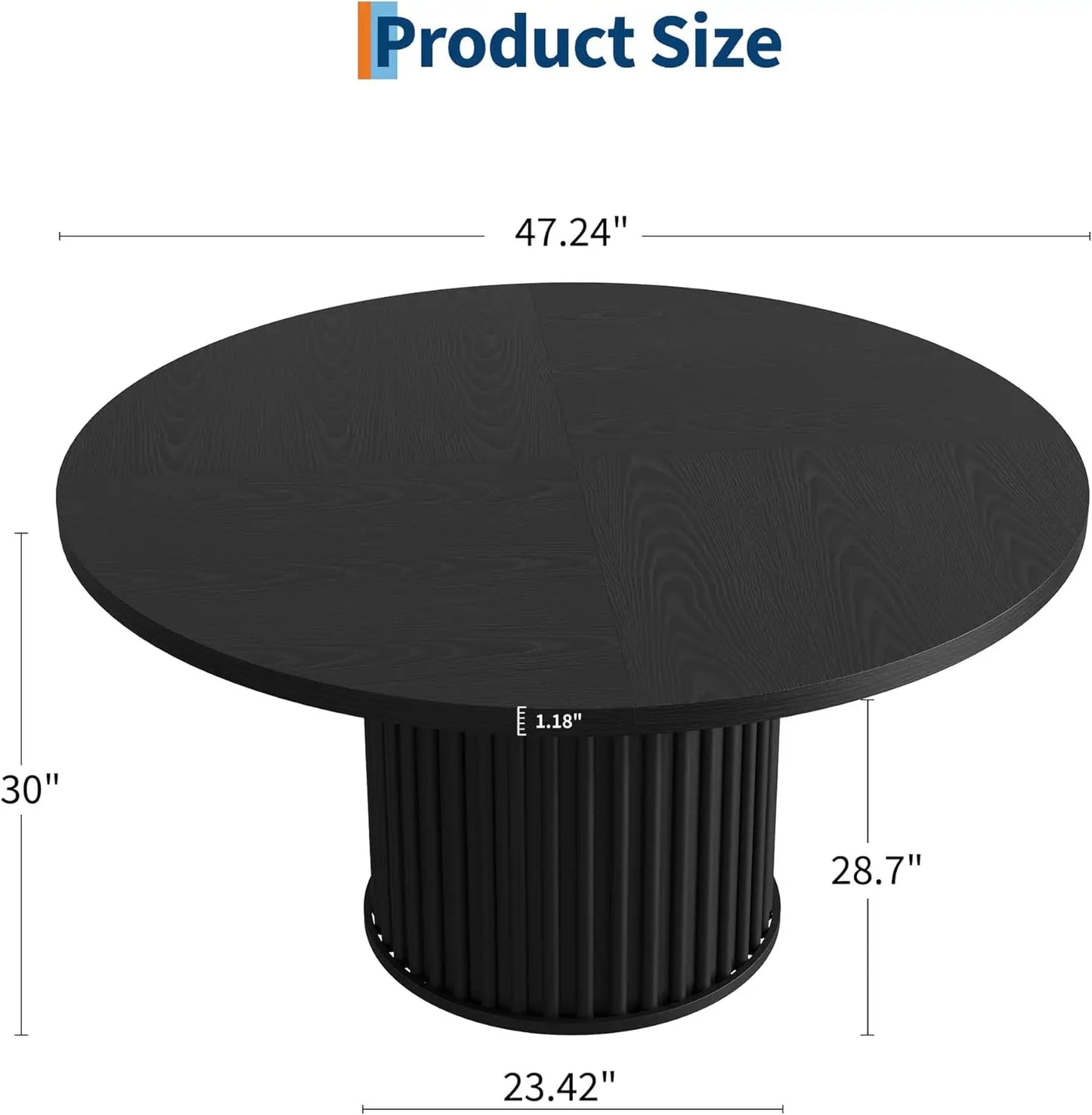 47.24 Inch Black Round Dining Table For 4 To 6 People Modern Fluted Barrel Base Made Of MDF And PB Sturdy Circle Dining Room Furniture And Kitchen Table