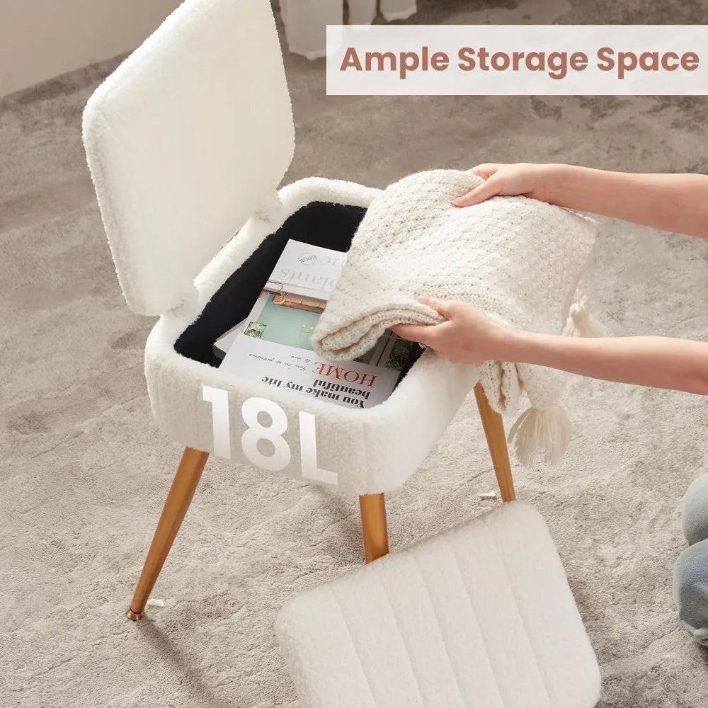 Foldable Back Velvet Vanity Chair Ottoman with Storage and Metal Legs for Dressing Living Bedroom