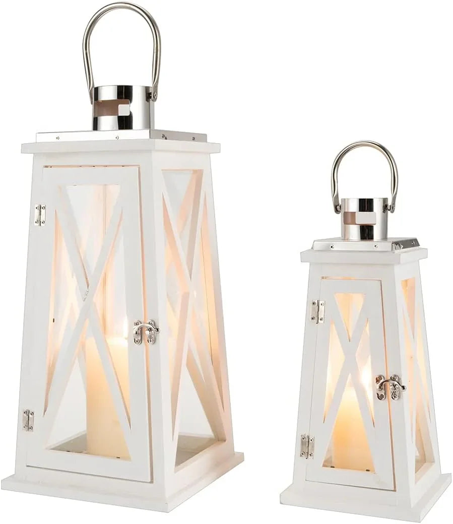 Farmhouse Wood Candle Lantern Decorative Candle Holders with Tempered Glass Rustic Hanging Lantern(White Trapezoid)