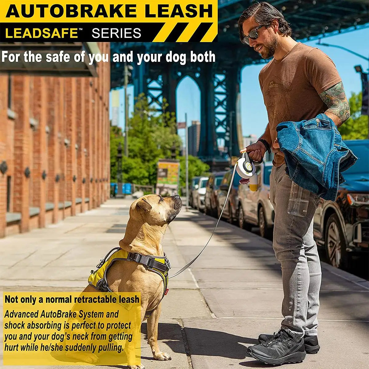 Smart Auto-Brake Retractable Dog Leash 16Ft 5M Heavy Duty No Pull Pet Walking Lead Rope Tangle-Free One-Hand Lock Anti-Slip Soft Handle for Medium Large