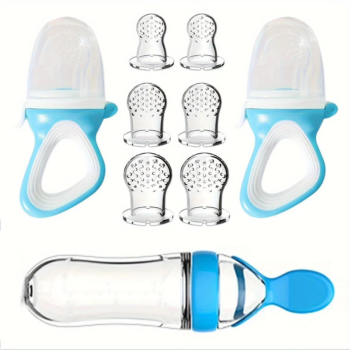9pcs Multi-Functional Baby Rice Cereal Feeding Set: 1pc Rice Cereal Bottle, 2pcs Teething Pacifiers, 6pcs Different Size Mesh Bags (2pcs Each In S, M, L) - Blue