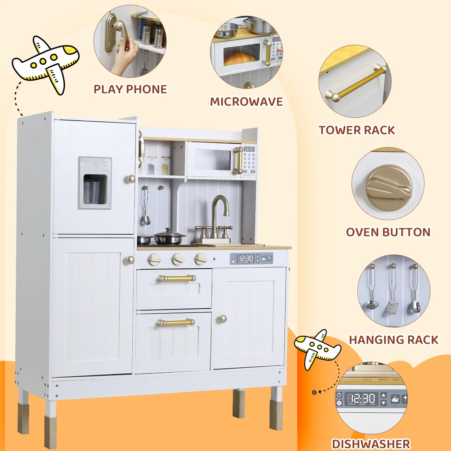 AOOU Wooden Play Kitchen for Kids, Pretend Cooking Toy Playset with Storage & Accessories, Realistic Light & Sound