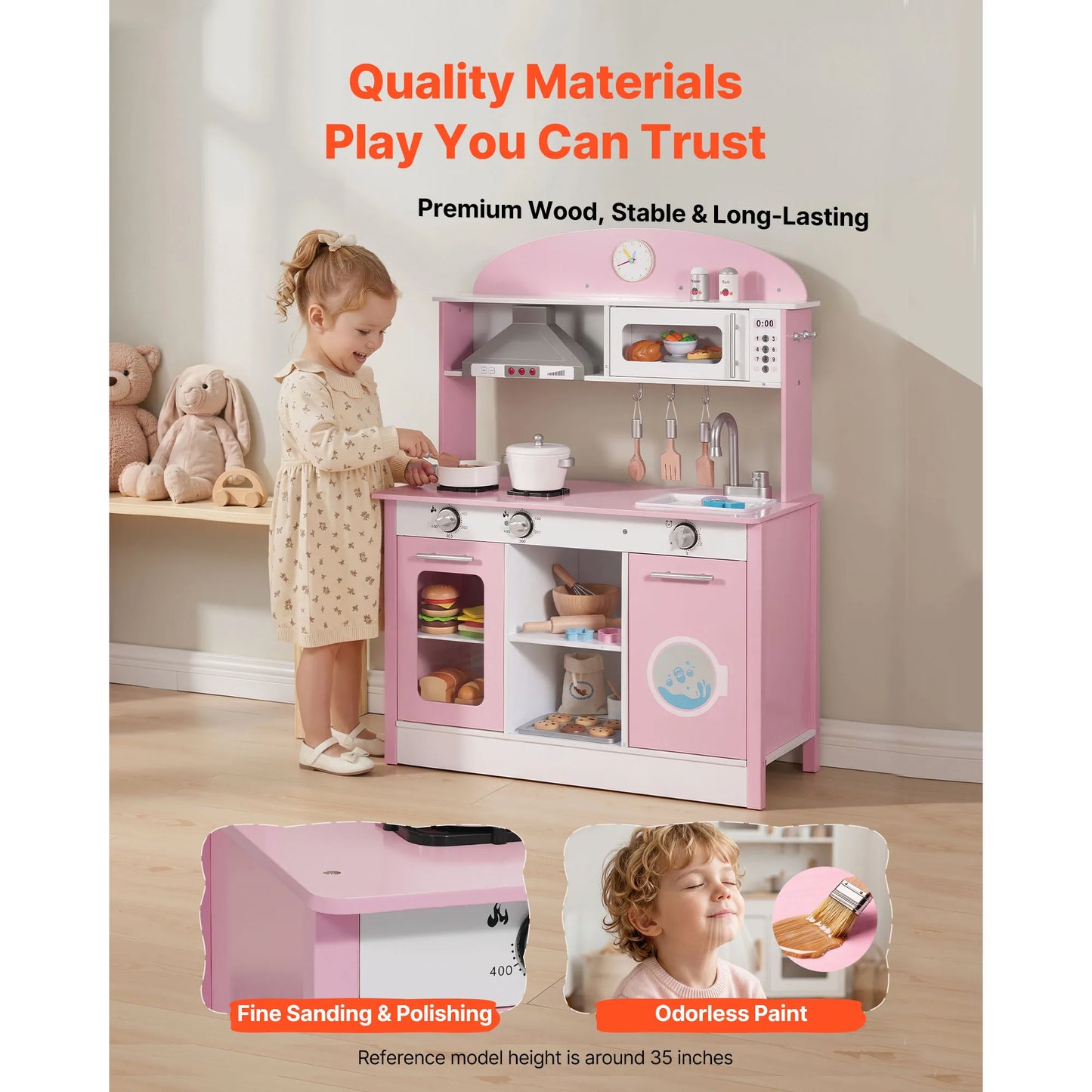 SucceBuy Wooden Play Kitchen Toy Set with Food & Cookware Accessories Pretend Kids Kitchen Playset for Toddlers Girls & Boys