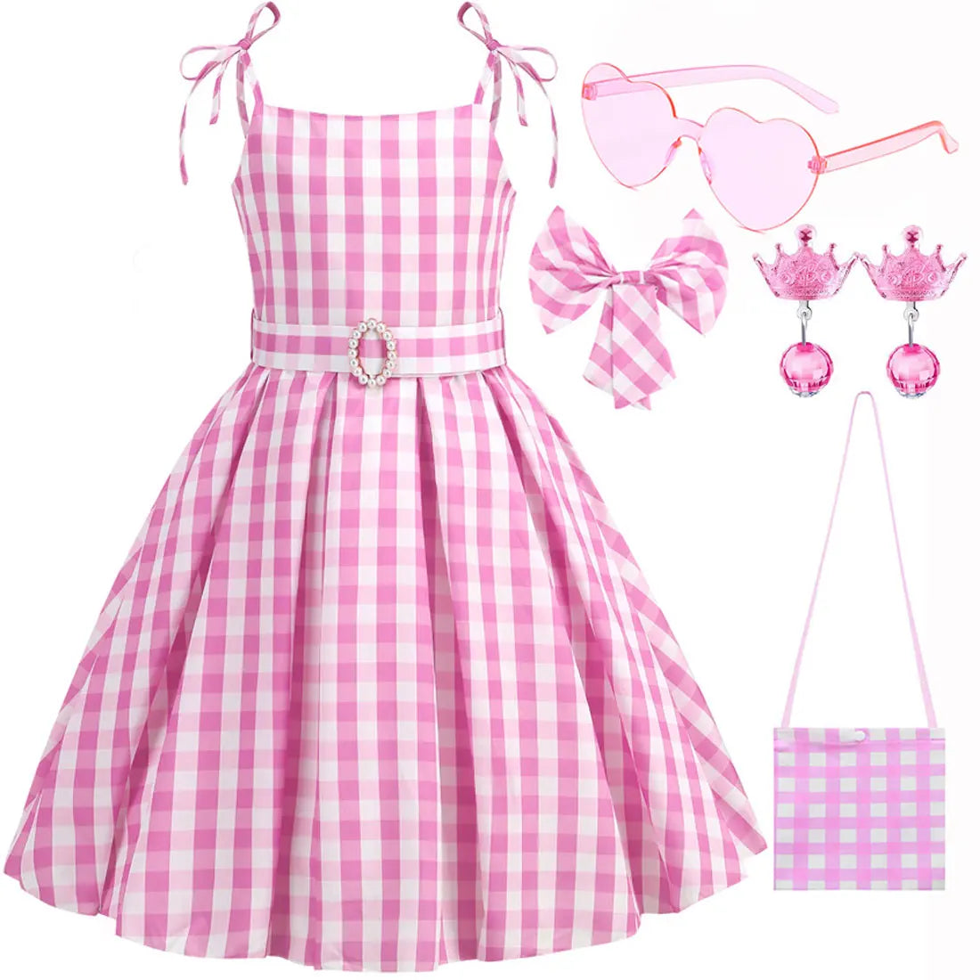 Halloween Hot Movie Margot Robbie Role Play Baby Pink Dress Girl Cowboy Look Dress Summer Sleeveless Plaid Slim Strap Dress Set