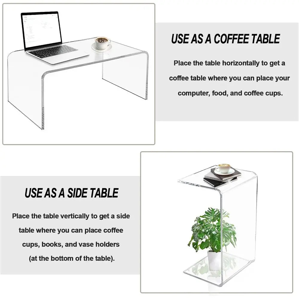 Premium C-Shape Acrylic Side Table,24" L x 14" W x 12" H x 1/2" Thick Clear End Table,Transparent Nightstand with Waterall Edges
