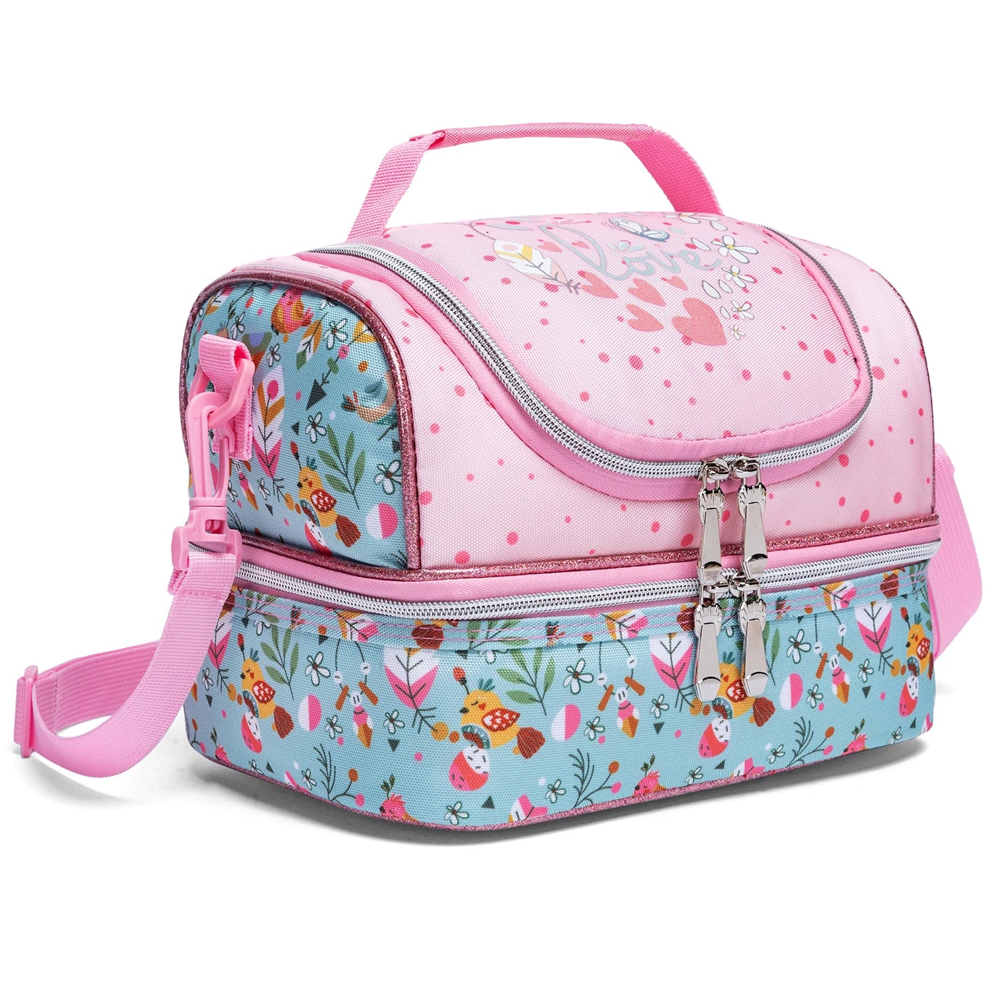 Cute Cartoon Animal Double Deck Girls Lunch Bag Portable Insulated Leakproof Lunch Tote with Detachable Shoulder Strap for School Nursery