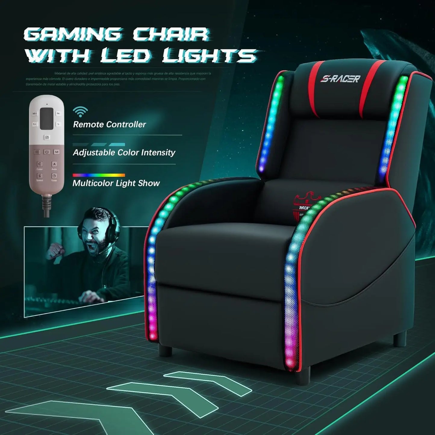 LED Gaming Massage Recliner Chair Racing Style Single Living Room Sofa Comfortable Ergonomic Home Theater Seating(Red)