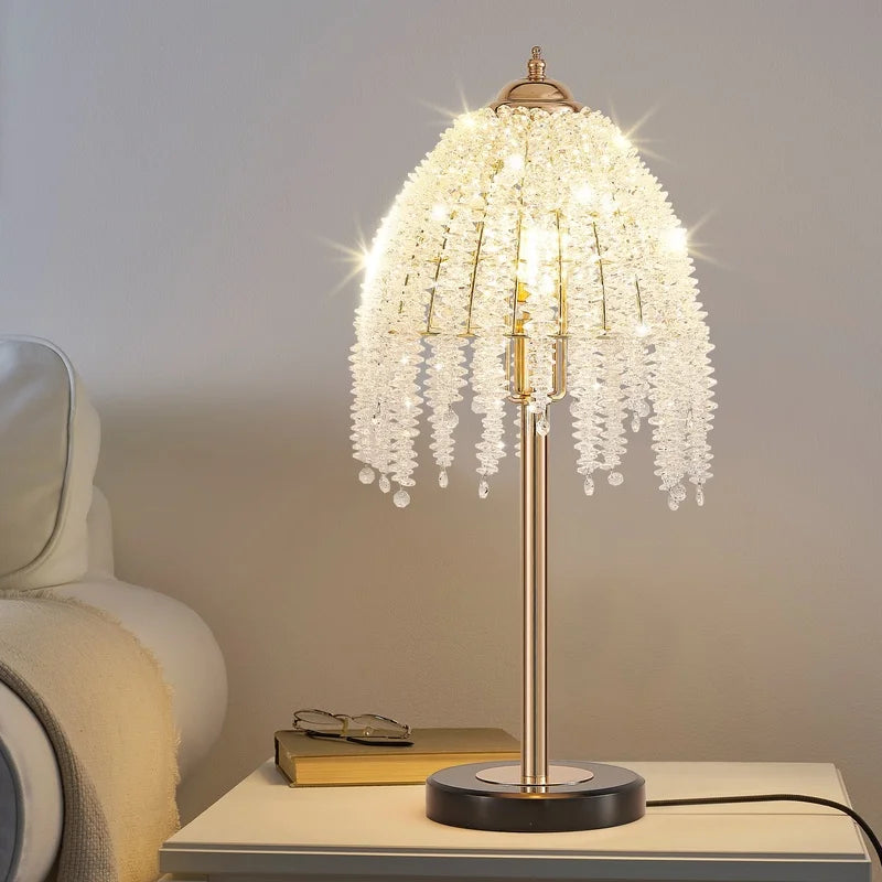 19" Elegant Crystal Table Lamp with Waterfall Bead Shades and Marble Base for Living Room, Bedroom, Office (Bulb Not Included)