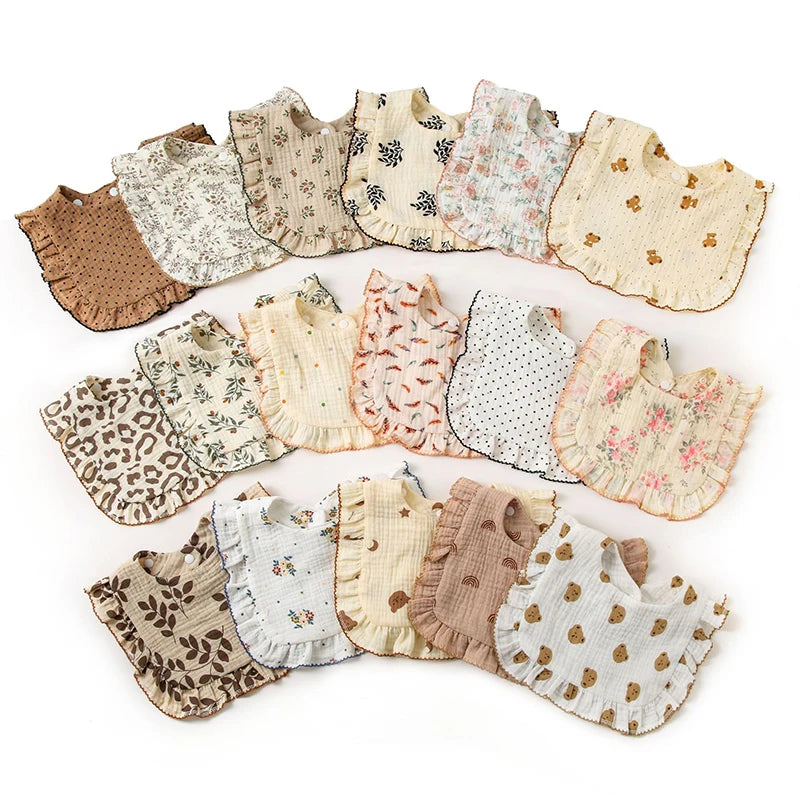 2pcs Floral Print Baby Bibs U-Shaped Snap Saliva Towel Ruffled Edge Muslin Cotton Burp Cloths Rainbow A Grade Feeding Scarf