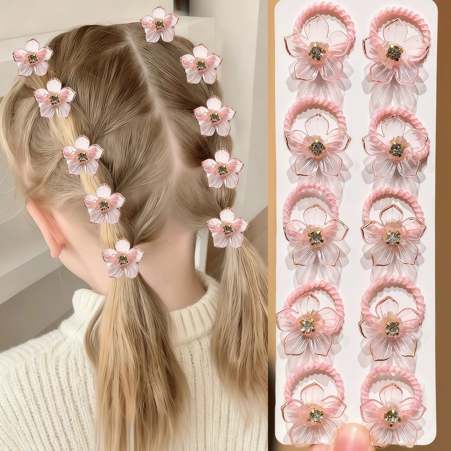 10Pcs Girls Elastic Hair Bands with Rhinestone and Flower Decorations High Elasticity Durable Hair Ties for Outdoors and Braiding