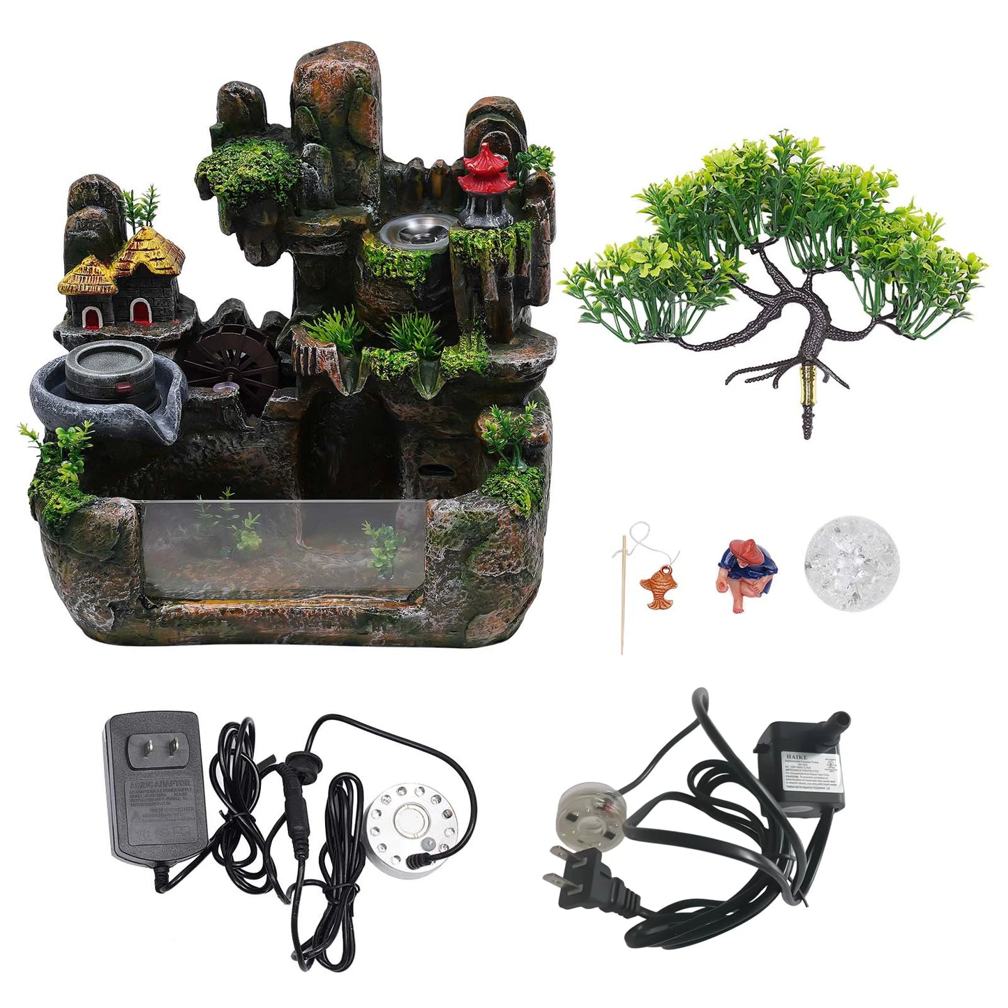 110V Resin Desktop Rockery Water Fountain Built-in Atomizer, Indoor Feng Shui Cascading Waterfall Ornament for Office Corridor Decoration
