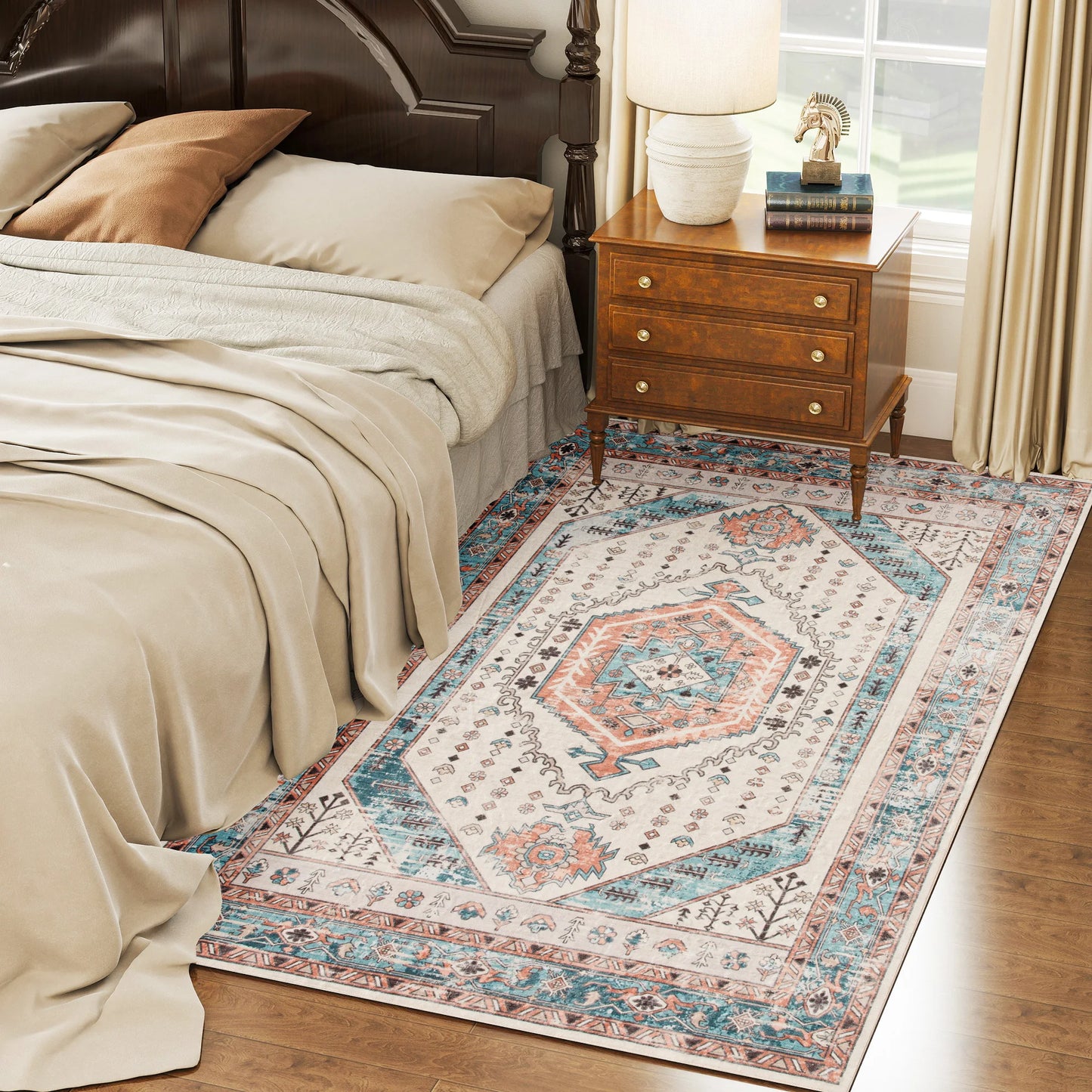 Machine Washable Area Rug, 4'x6' Vintage Oriental Medallion Distressed Rugs Soft Printed Floor Mat, Brown and Blue