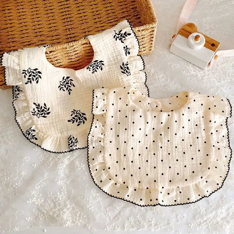 2pcs Floral Print Baby Bibs U-Shaped Snap Saliva Towel Ruffled Edge Muslin Cotton Burp Cloths Rainbow A Grade Feeding Scarf