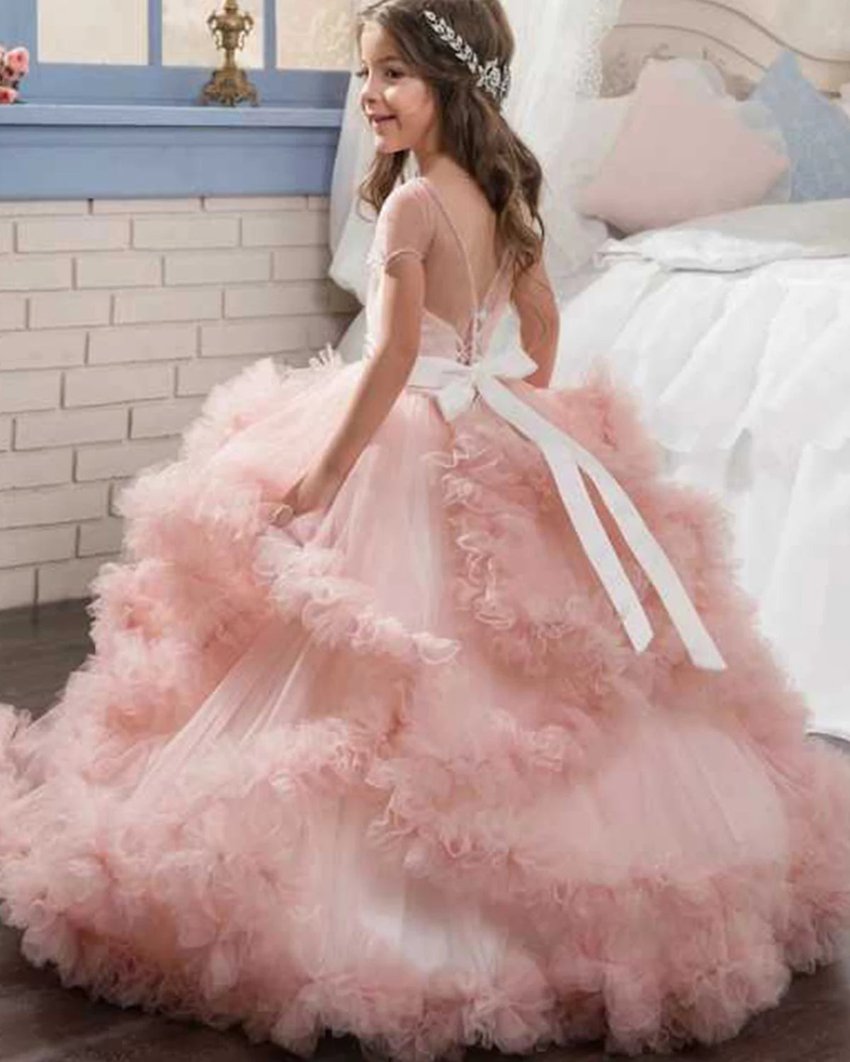 Girls Blush Pink Cap Sleeve Illusion Back Sweetheart Neckline Ruffled Tulle Flower Girl Dress With Large Back Bow For Wedding Party