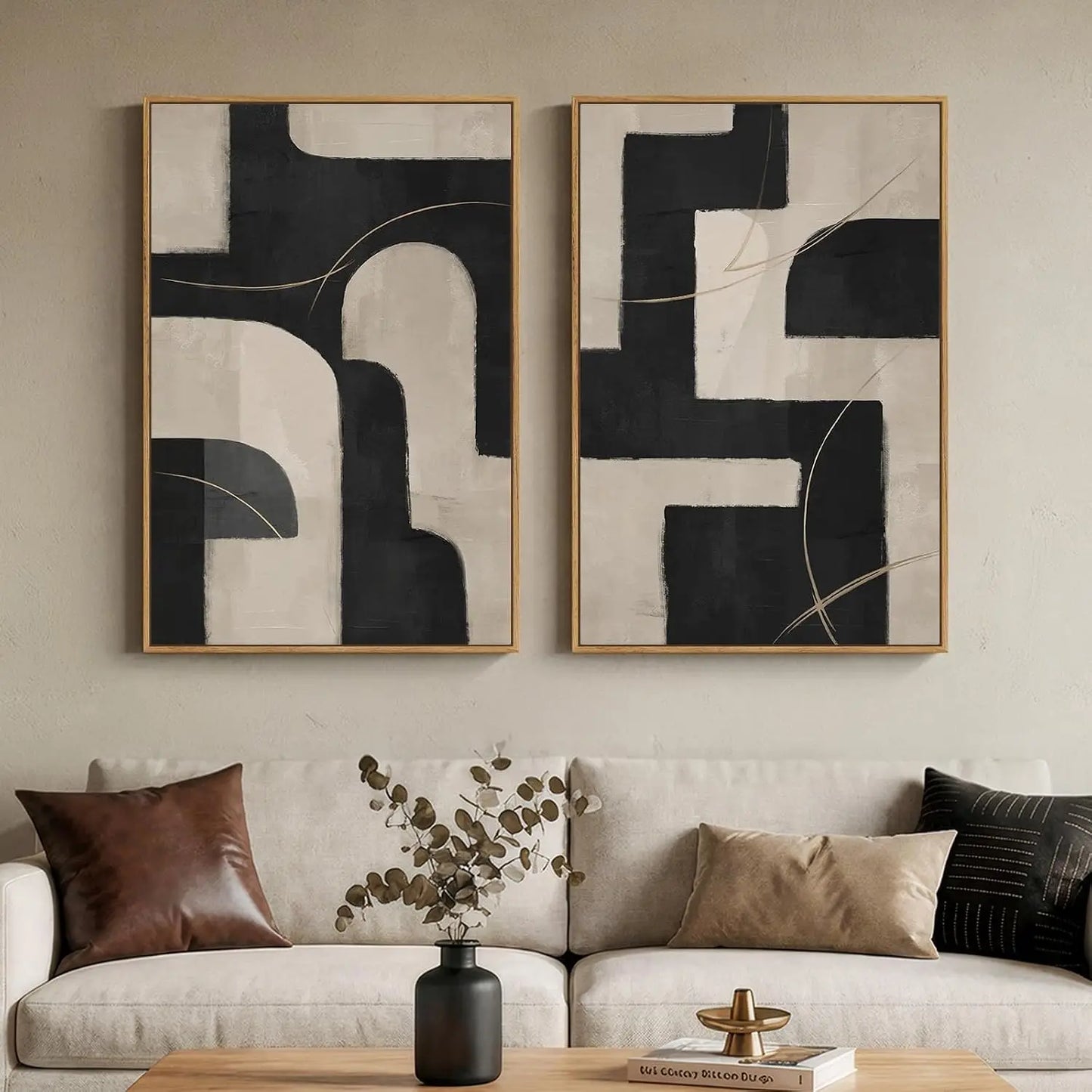 Framed Neutral Abstract Wall Art Set of 2, Black Beige Modern Canvas Prints Paintings Artwork for Walls, Minimalist Block Lines Pictures for Living Room, Dining Room, Bedroom Wall Decor 16x24 In