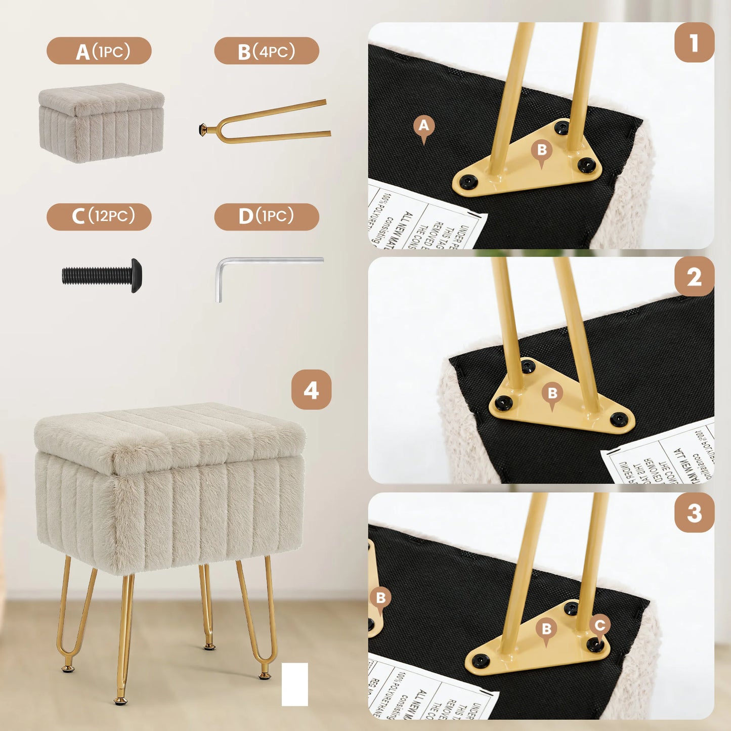 JHK Ottoman Faux Fur Vanity Stool Chair with Storage Padded Makeup with 4 Metal Legs Anti-Slip Adjustable Feet Living Room Hidden Storage Stools for Home Entryway