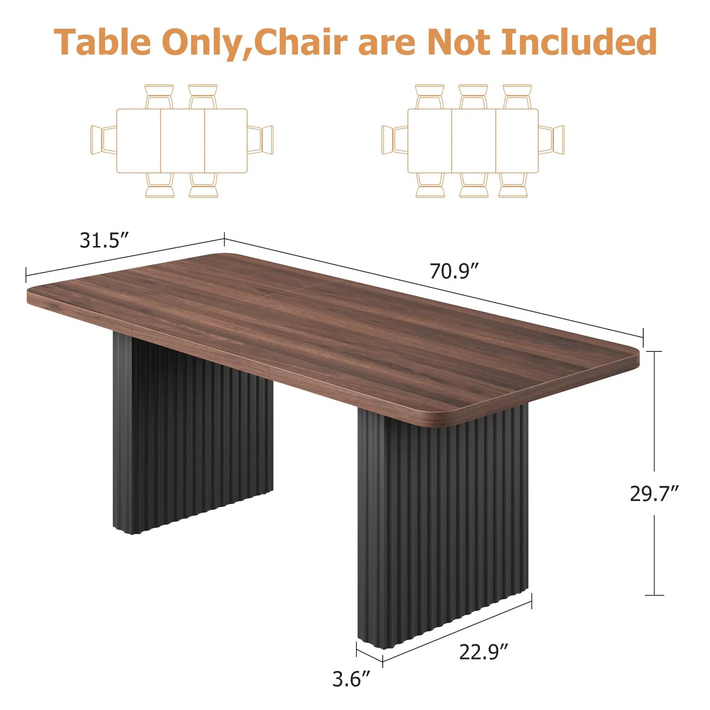 Modern Dining Table for 6-8, 71" Rectangular Farmhouse Kitchen Table with 3.6"×22.9" Black Fluted Wave Metal Legs & Wooden Top, Large Dining Table for Home Office, Dining