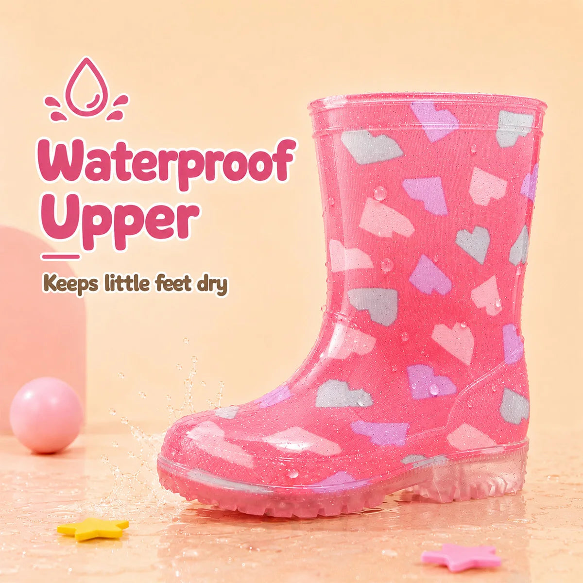 Cute Pink Heart Pattern Toddler Rain Boots Sparkly Transparent Kids Water Boots Outdoor Walking Galoshes