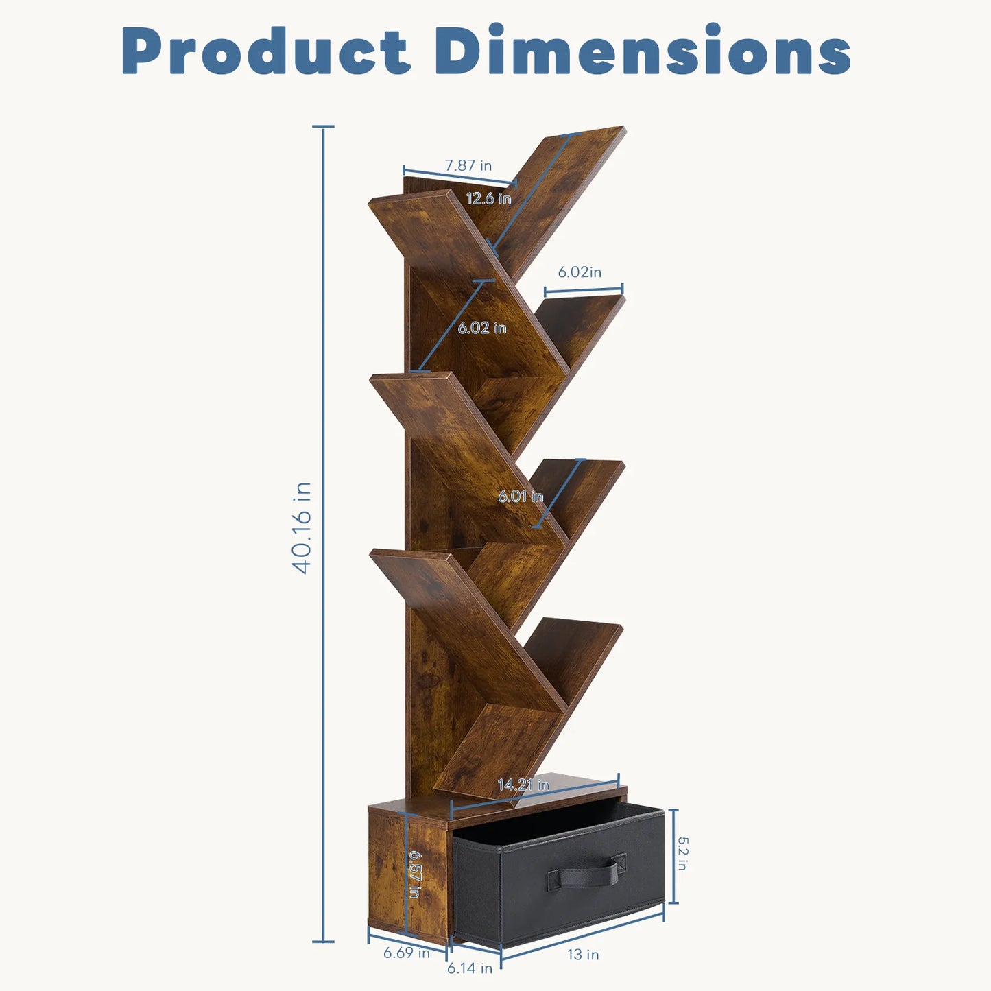 MCQ 7-Tier Tree Bookshelf with Drawer 43IN Wooden Narrow Slim Corner Bookshelf for Small Spaces Geometric Wooden Book Rack