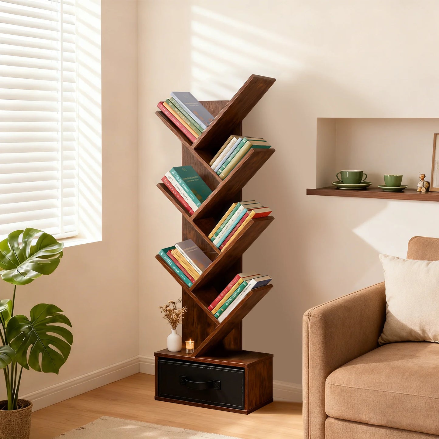 MCQ 7-Tier Tree Bookshelf with Drawer 43IN Wooden Narrow Slim Corner Bookshelf for Small Spaces Geometric Wooden Book Rack