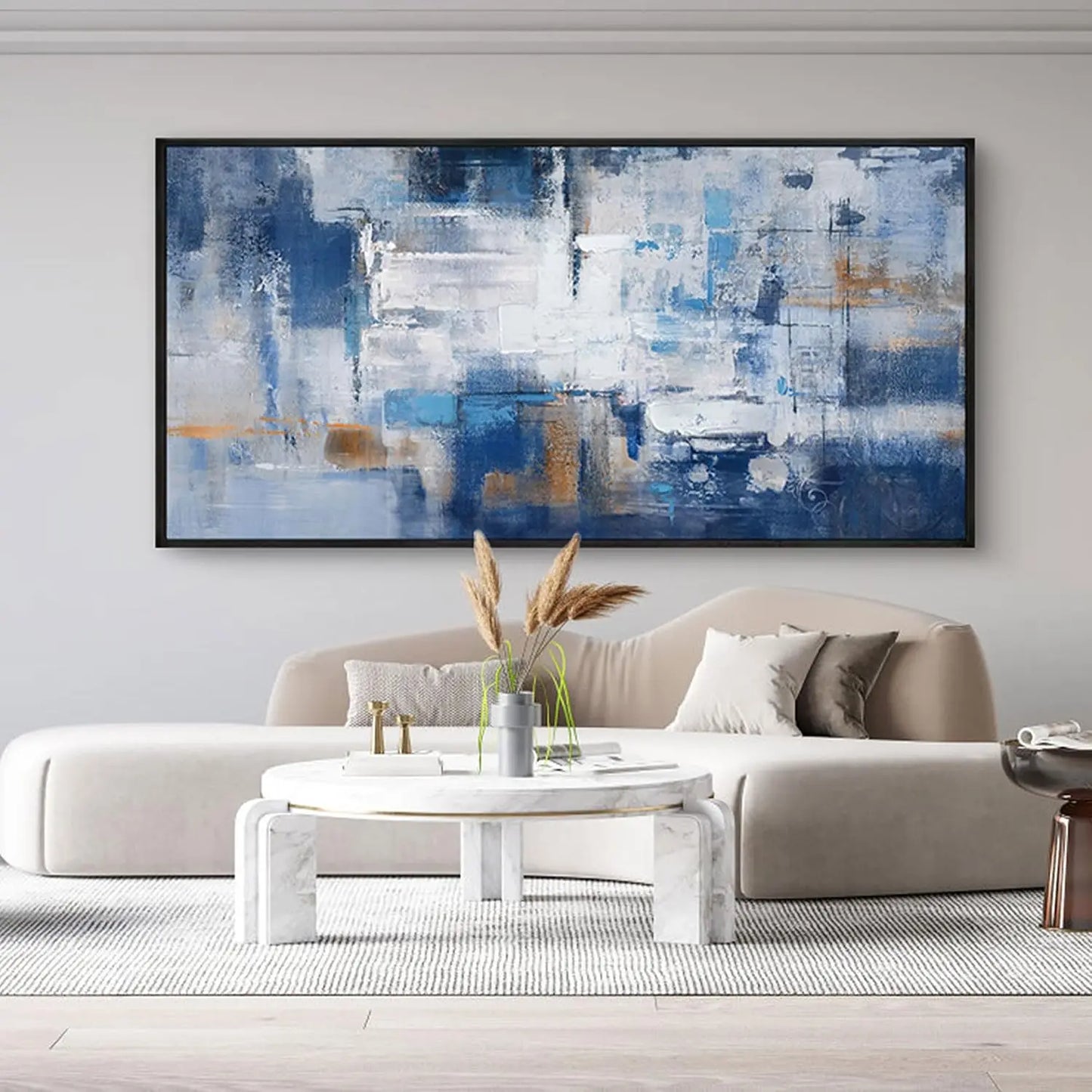 Blue Abstract Canvas Wall Art - Black Frame Artwork Picture Living Room Wall Decor Modern Paintings Large Wall Art for Bedroom Home Decoration
