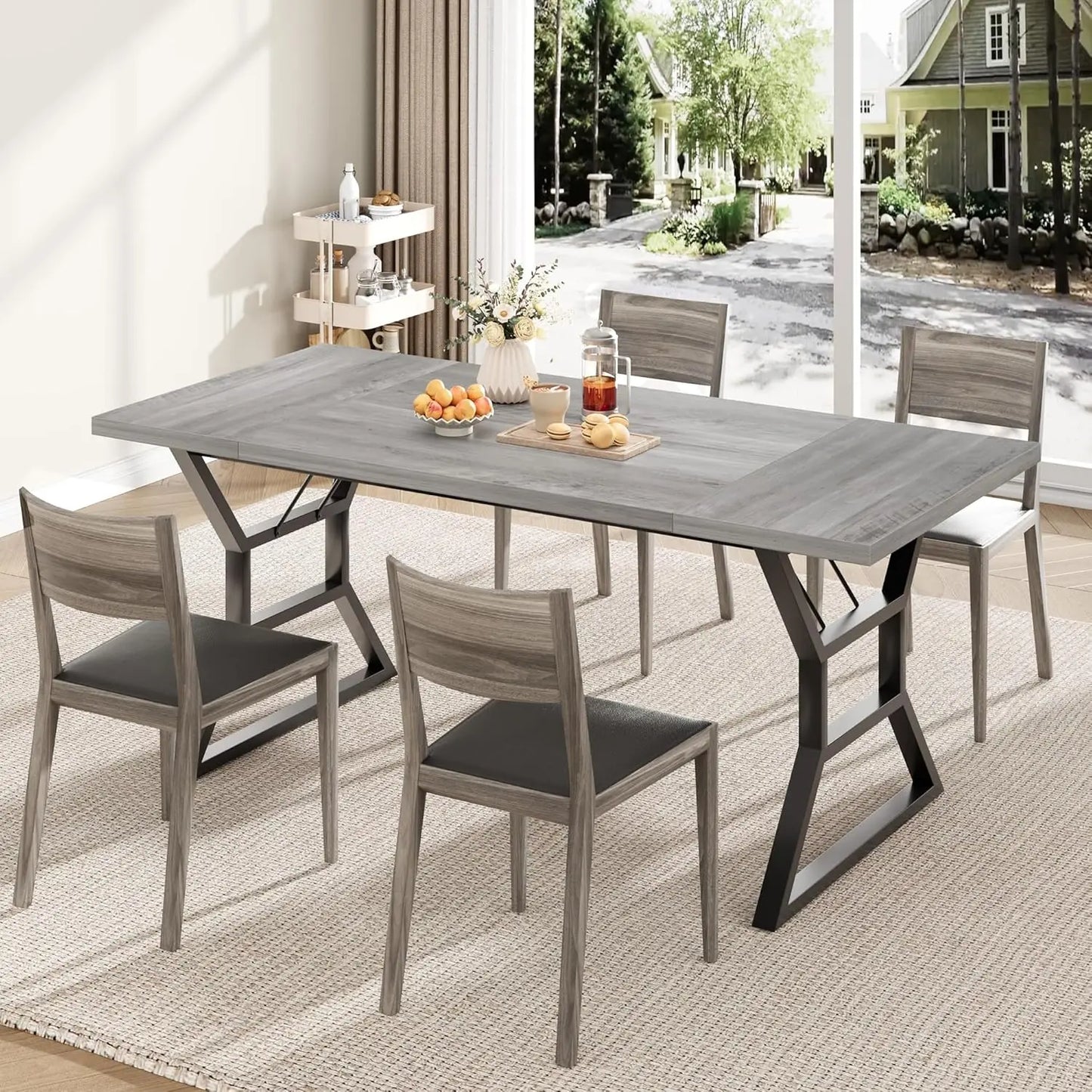 Rectangular Dining Table for 6 People,Farmhouse Wood Kitchen Tables with Metal Legs for Restaurant, Outdoor Table for Party