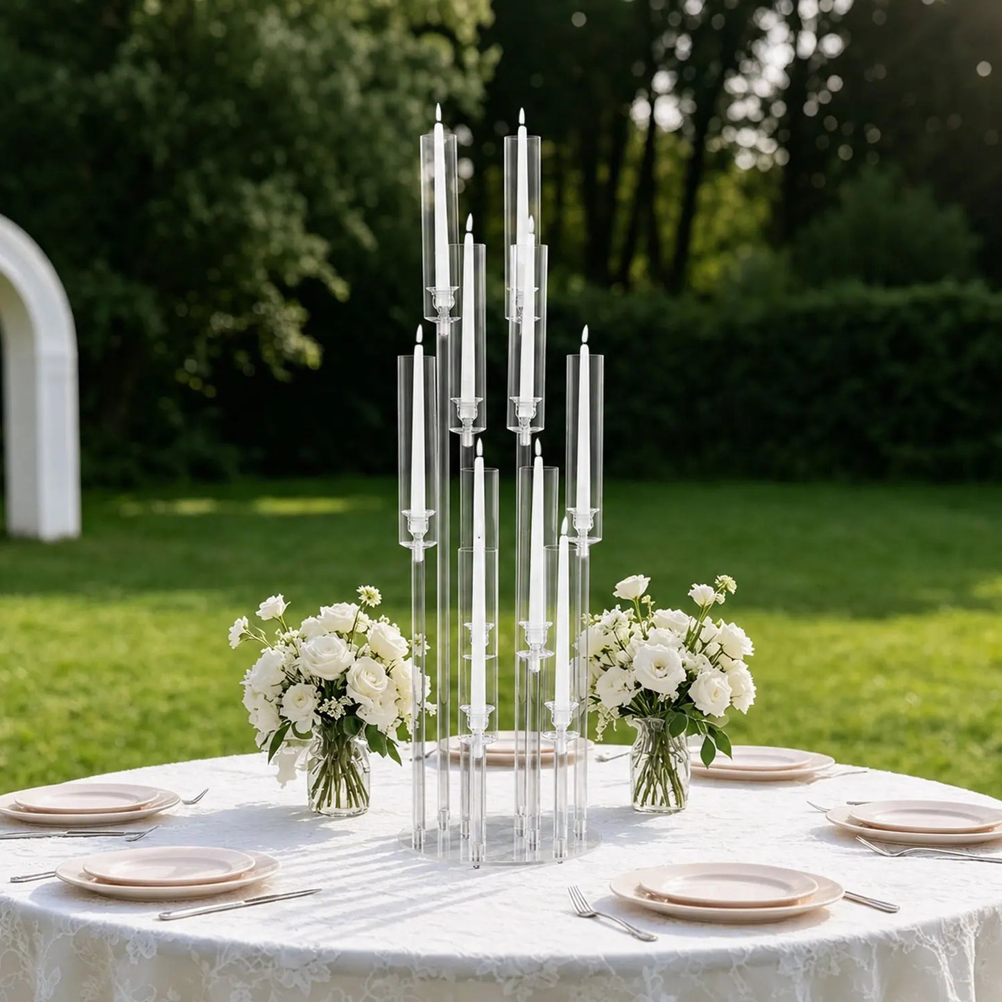 10 Arm Acrylic Candelabra Centerpieces 37.7 Inch Tall Floor Candlestick Holder with Lampshades for Wedding Table Decorations Party Event