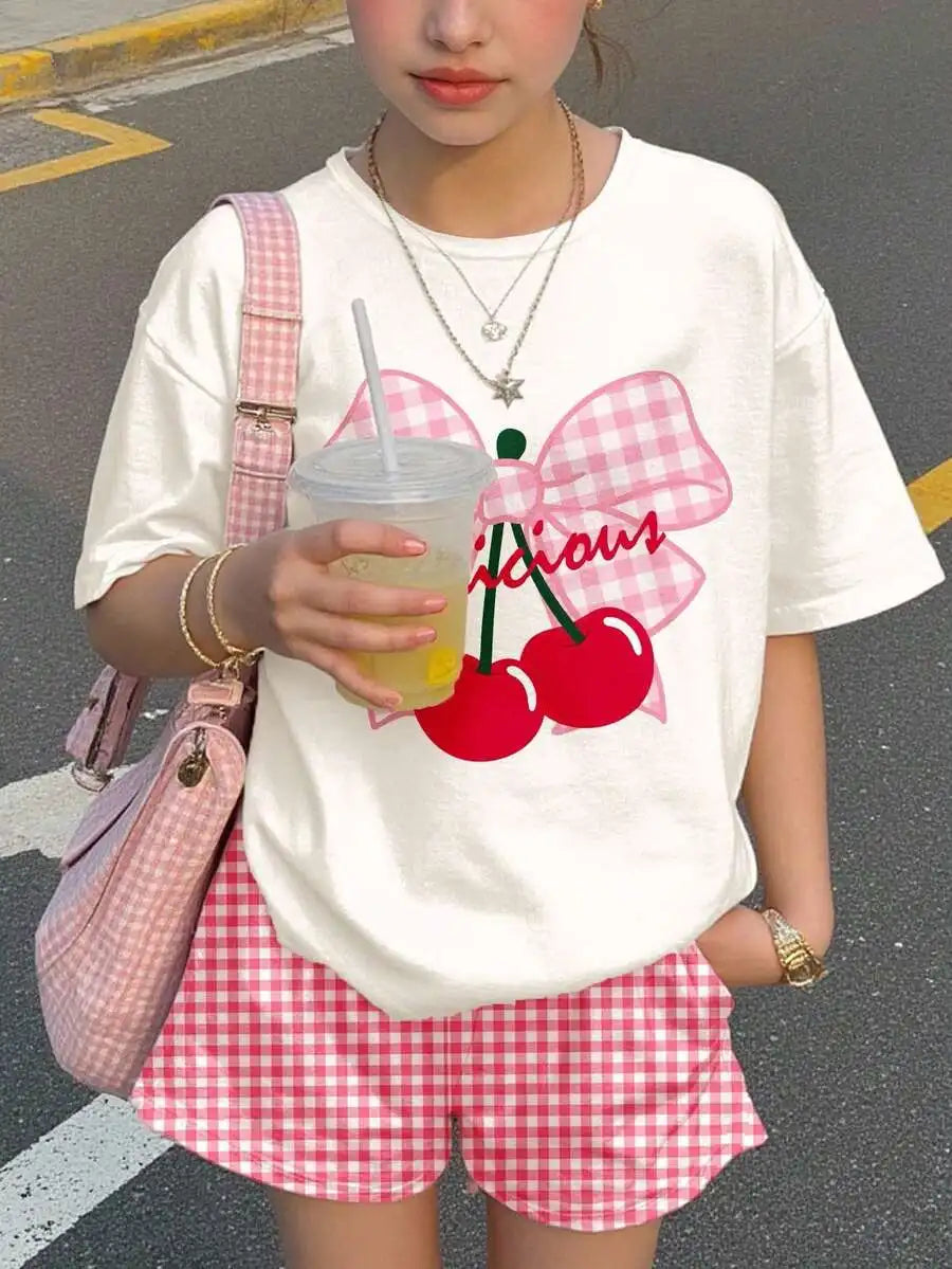 Womens Cherry Bow Print Short Sleeve T-Shirt And Plaid Shorts 2-Piece Set Summer Casual Streetwear Outfit