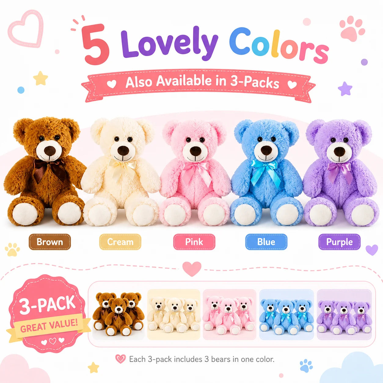 Teddy Bear 13.5 Inch Stuffed Animals Plush Toys 3 Cream Stuffed Bears for Girls Perfect Gift for Girlfriend Birthday Gift Valentine's Gift