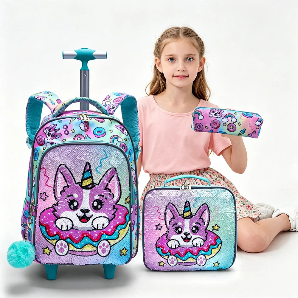 3PCS Kids travel bag, Luggage Bag, Bookbag with wheels, With Lunch Box And Pen Bag, Green Puppy sequin, Nighttime reflective