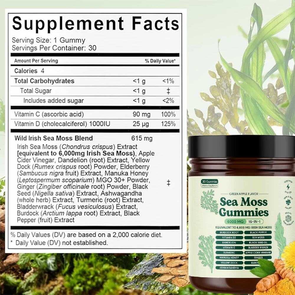 Sea Moss Gummies 16 in 1, 6000mg Black SeedOil, Ashwagandha, Burdockroot - Vegan Sea Moss Gummy for Adults Kids Men Women