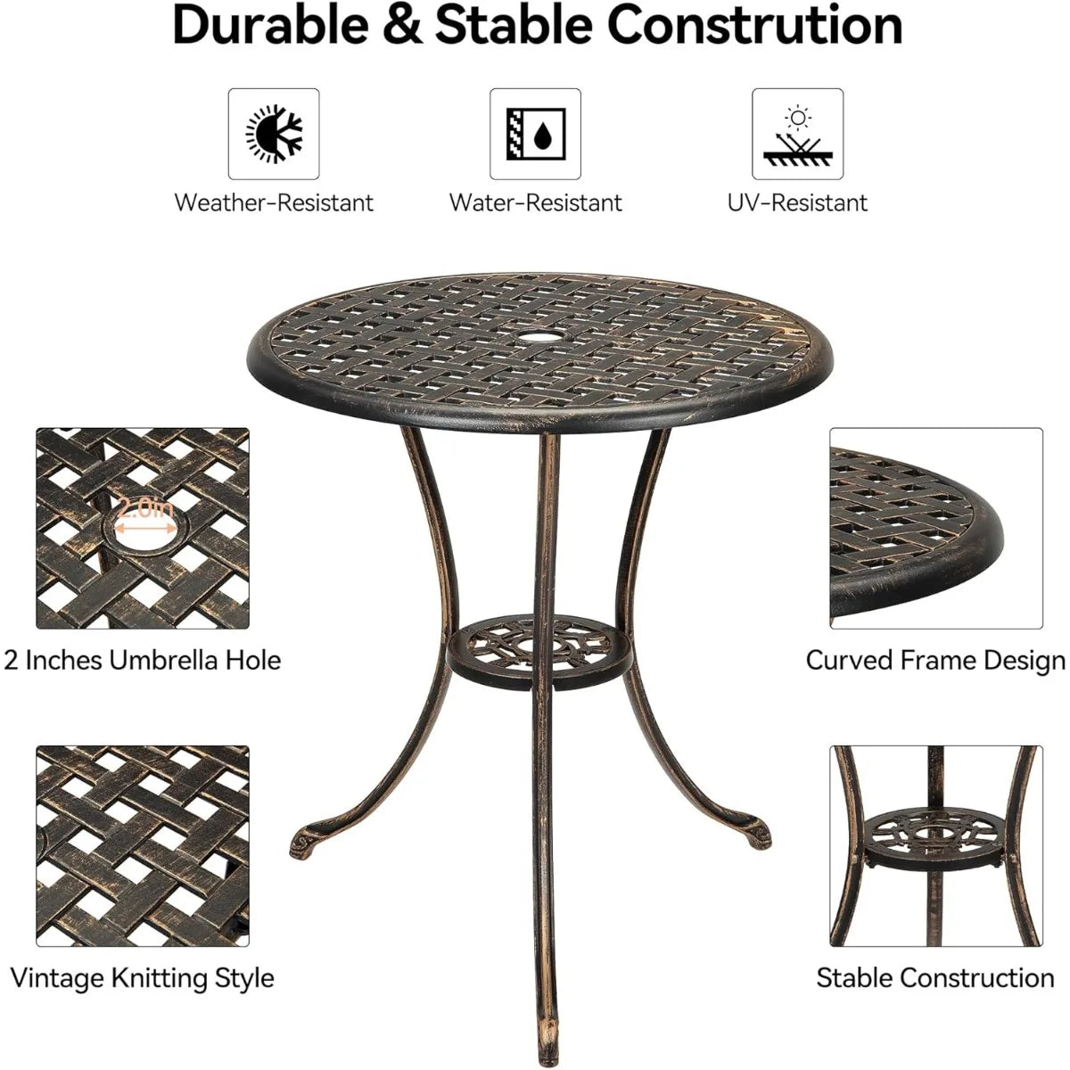 Patio Bistro Table, 24" Round Outdoor Coffee Table with 2" Umbrella Hole, Outdoor Cast Aluminum Bistro Table Side Tab