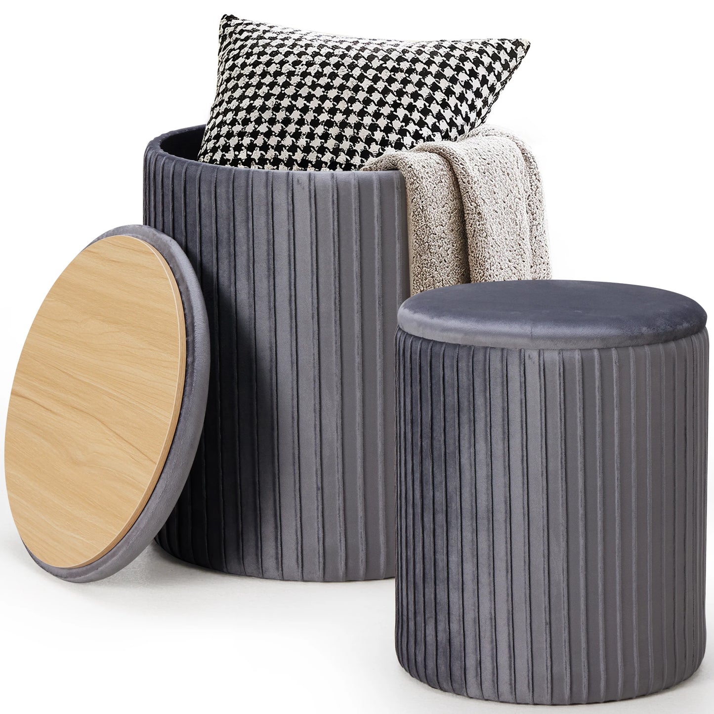 JHK Living Room Round Ottoman with Storage Set of 2 Hidden  Footstool Toy Box Bedroom Bench Strong Load-bearing Capacity Stool
