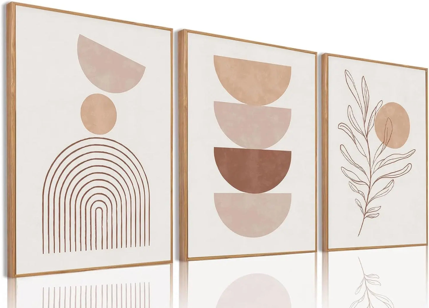 Framed Boho Canvas Wall Art Mid Century Modern Prints Set of 3 Neutral Geometric Line Leaf Paintings Decor Minimalist Abstract Pictures Bedroom Living Room Bathroom