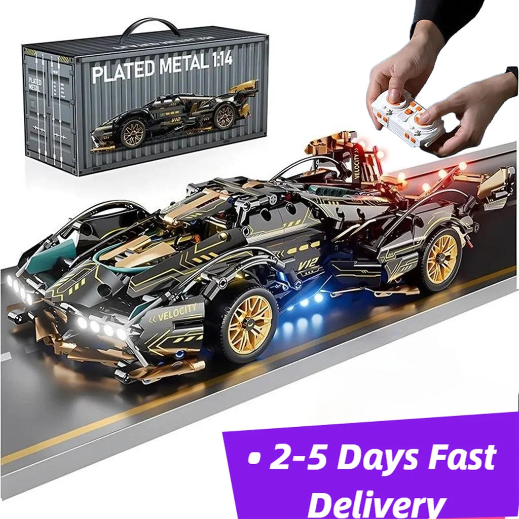 Black V12 Block Roadster RC Tech Racer 1:14 DIY Roadster Building Block Assembly Block Car Toy Birthday Gift （1280+Granule）