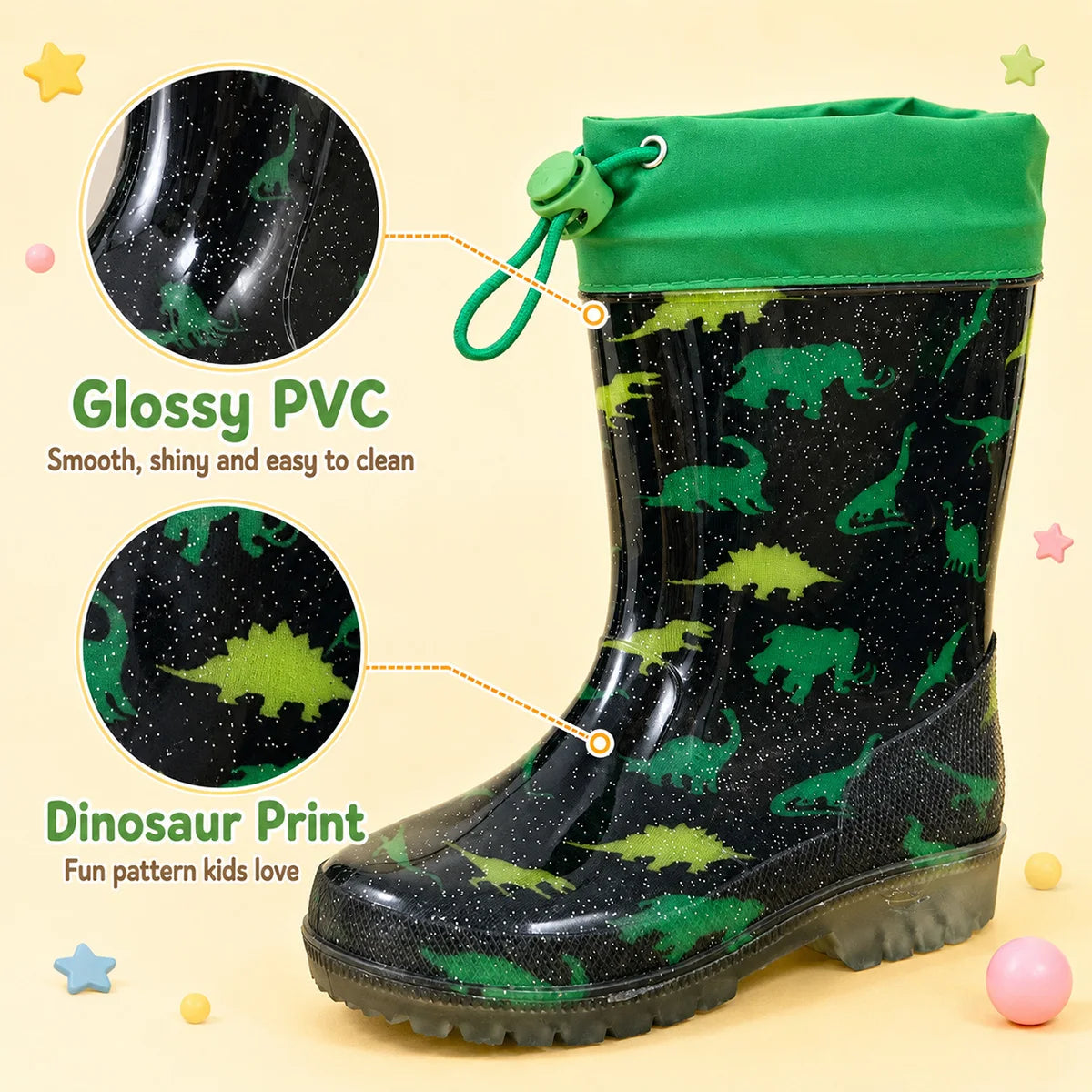 Boys Green Dinosaur Print Glitter Kids Rain Boots Adjustable Drawstring Cuff Waterproof Anti-slip PVC Children Wellies Outdoor Rain Water Shoes