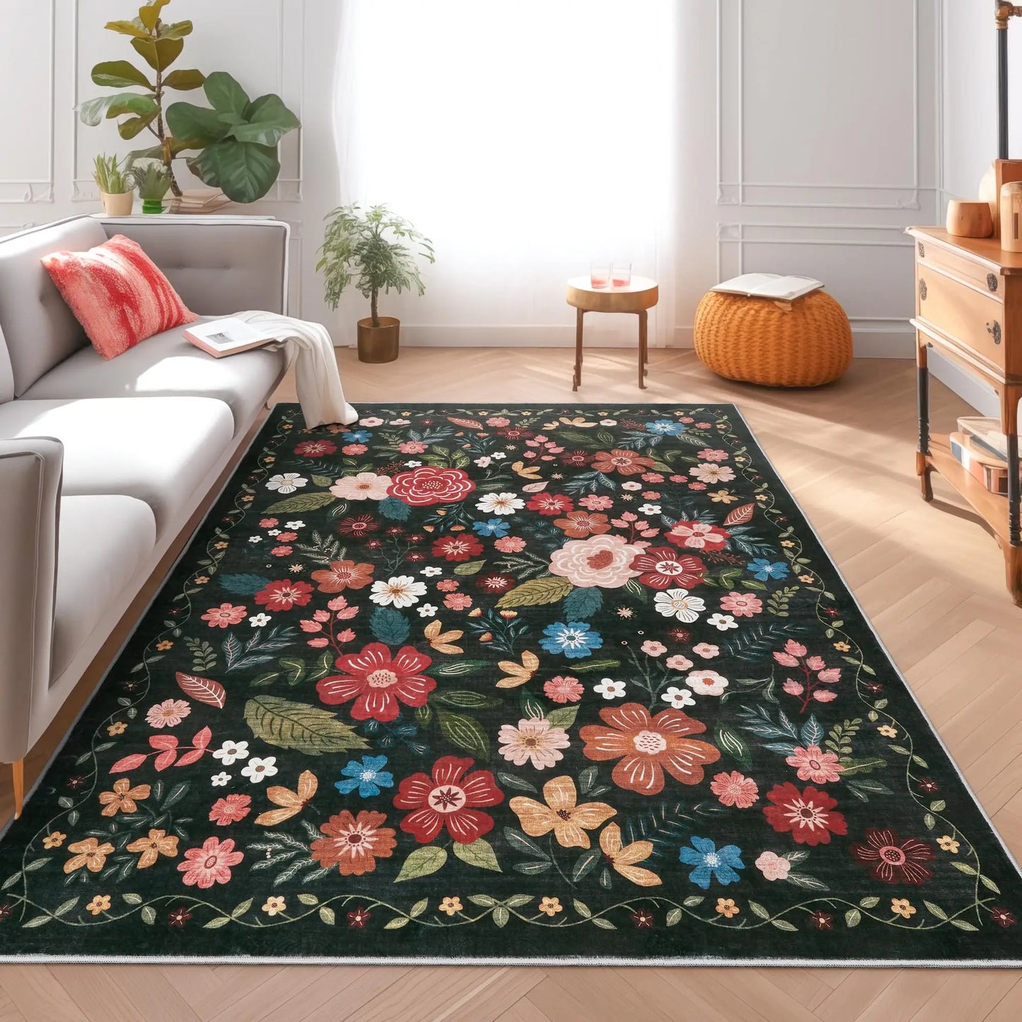Blank Flower Rug, Washable Non-Slip Area Carpet for Living Room & Bedroom, Home Decor