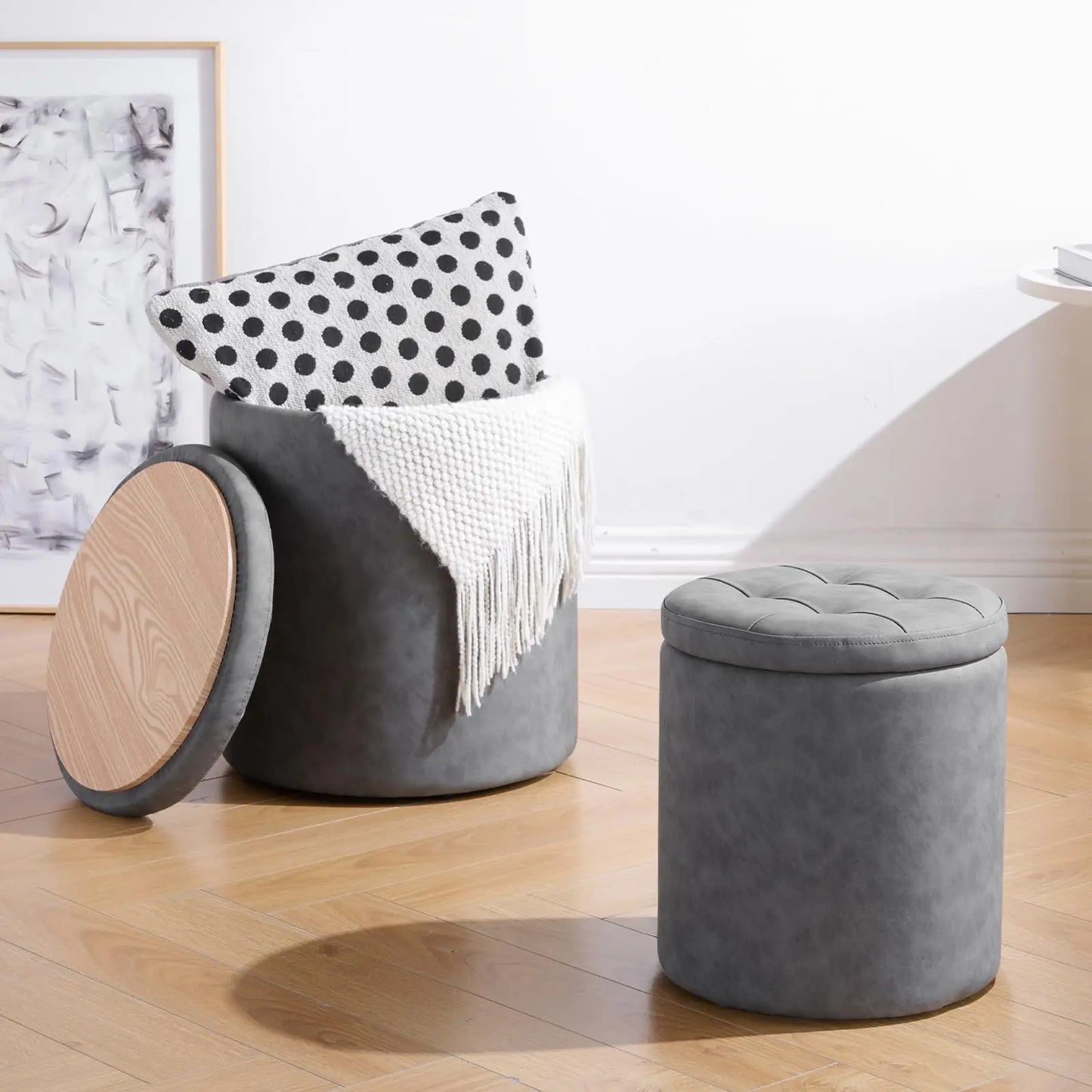 Round Ottoman with Storage Set of 2, 12.6"W x 14.17"H & 14.76"W x 17.32"H Faux Leather Button Tufted Storage Ottoman, Boucle Vanity Stool Footrest Coffee Table for Living Room, Bedroom, Brown