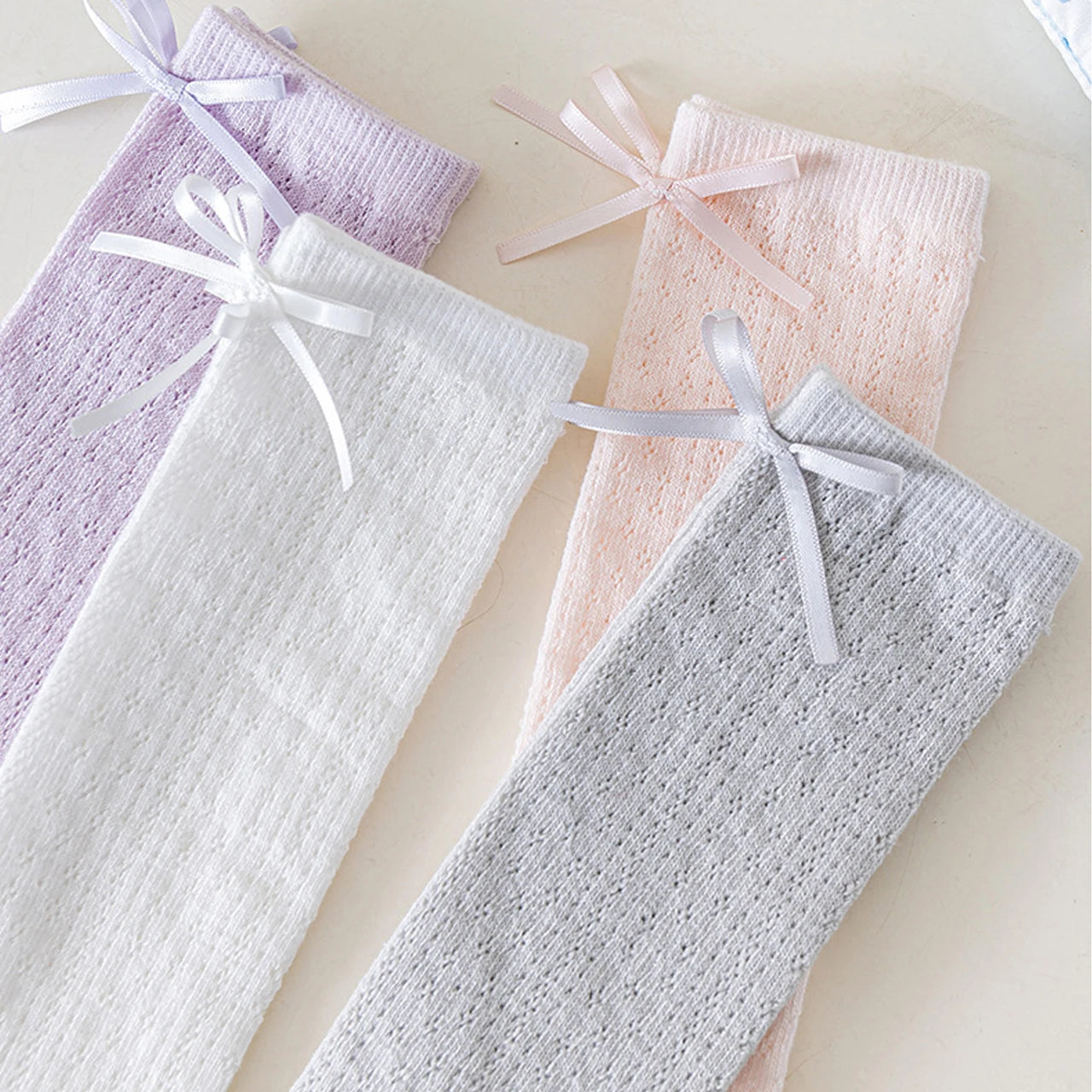 Japanese Hollow Bow Socks for Girl Summer Mesh Breathable Knee High Socks Solid Color Princess Kids Calf Socks 3-10 Years