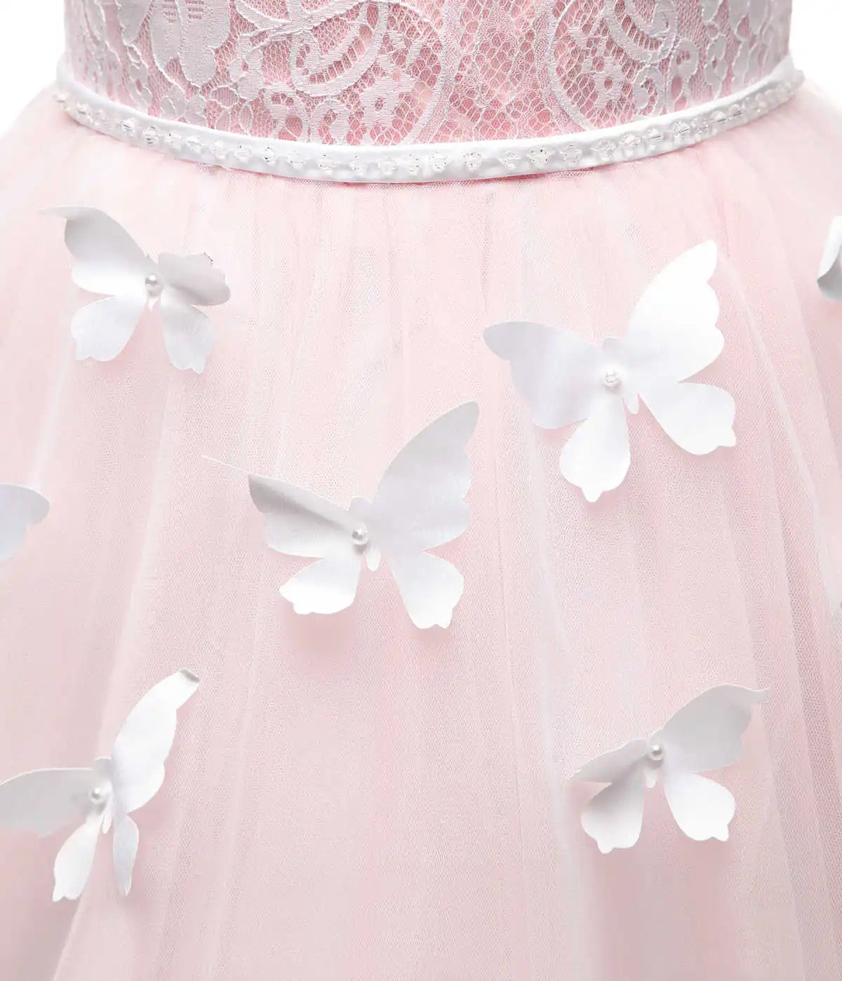 Girls Blush Pink Long Sleeve Lace Illusion Neckline 3D Butterfly Appliqué Tulle Flower Girl Dress With Train For Wedding Party