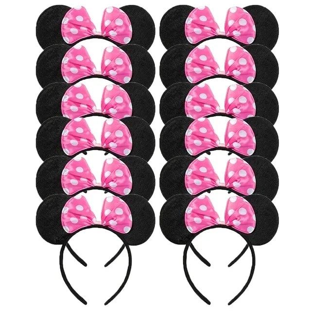 CHuangQi 12pcs Mouse Ears Headband with Bow, Mickey Minnie Ears Headwear for Boy / Girl Birthday Party, Great Party Favors