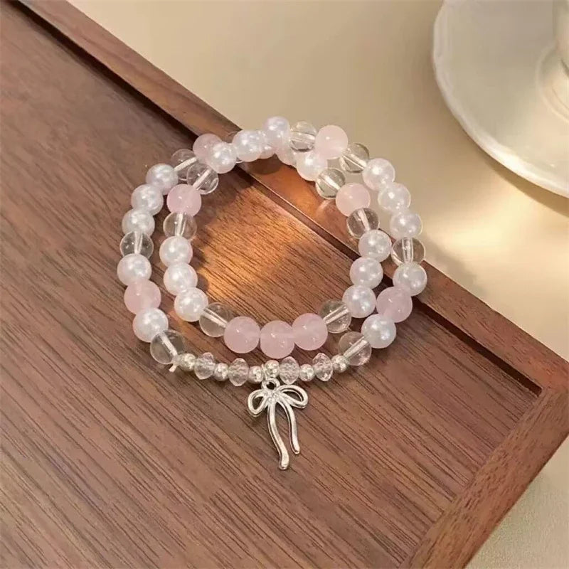Cute Pink Beaded Imitation Pearl Bracelet For Women Girl Elegant Y2k Sweet Korean Charm Bowknot Bow Jewelry Party Gifts