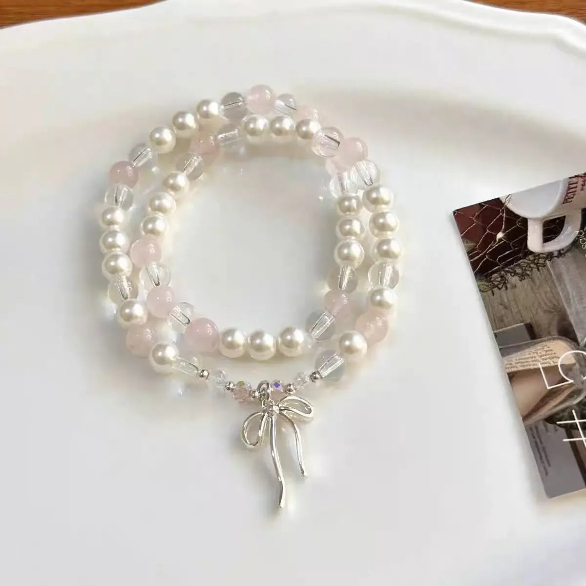Cute Pink Beaded Imitation Pearl Bracelet For Women Girl Elegant Y2k Sweet Korean Charm Bowknot Bow Jewelry Party Gifts