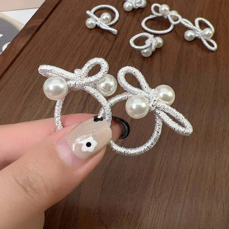 10pcs Korean Silver Pearl Bow Braided Rubber Band for Girls No Damage Hair Small Thumb Hoop Baby Headband Hair Accessories