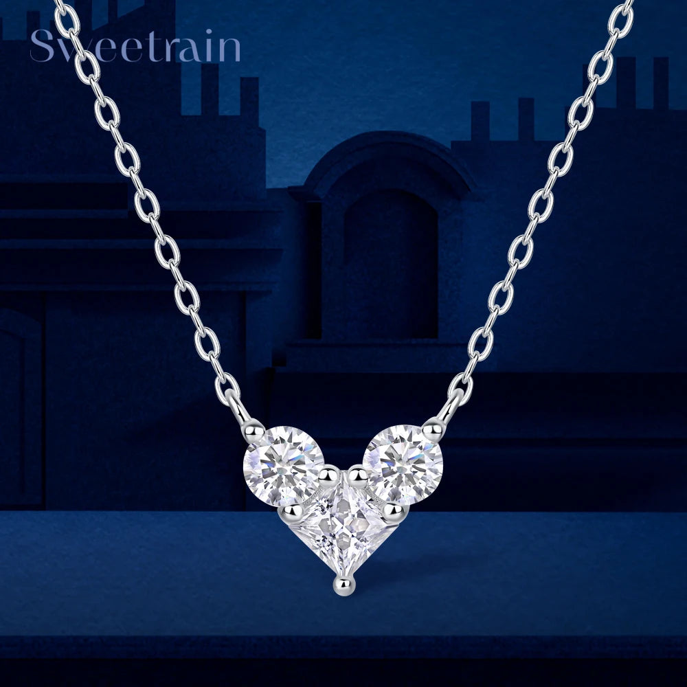 Sweetrain 4mm Princess Cut Moissanite Necklace 925 Sterling Sliver Chain Plated 18k White Gold Heart Necklace for Women Jewelry