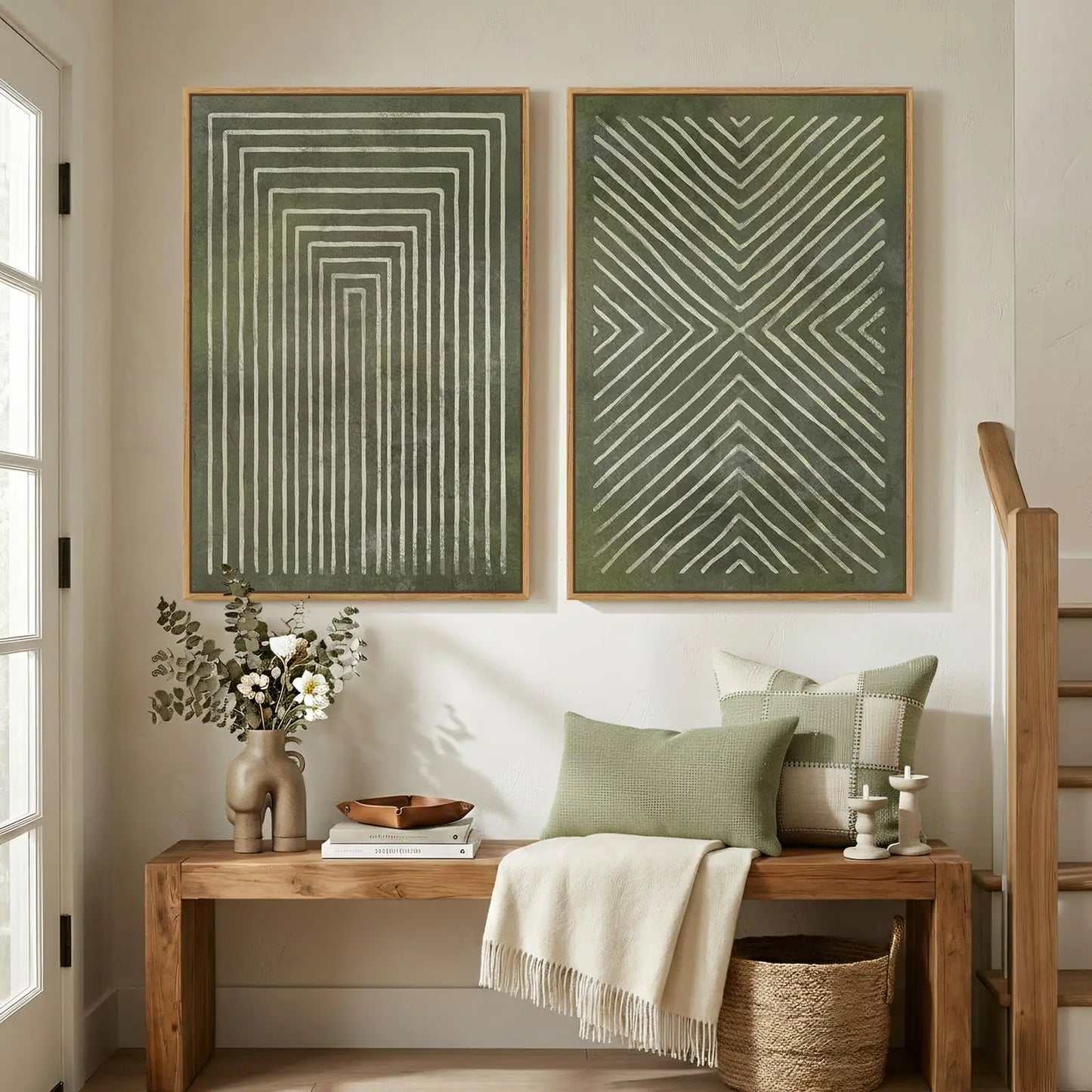 Framed Neutral Abstract Wall Art Set of 2, Black Beige Modern Canvas Prints Paintings Artwork for Walls, Minimalist Block Lines Pictures for Living Room, Dining Room, Bedroom Wall Decor 16x24 In