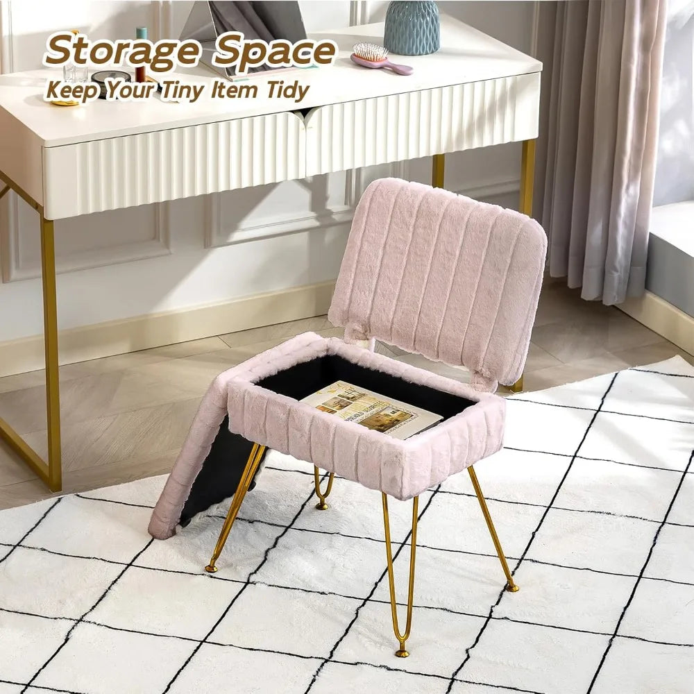Storage Ottoman Chair with Fold Back Faux Fur Seat Metal Legs Anti Slip Feet for Bedroom Dressing Room