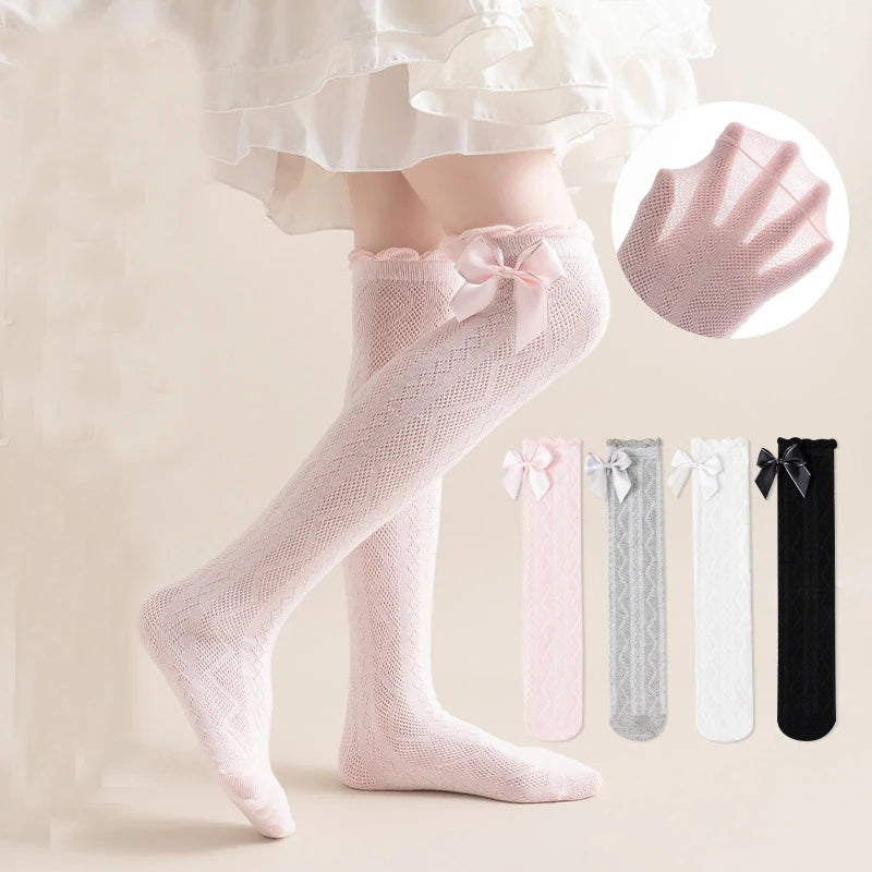 1pcs Girls Knee High Socks Spring Summer Baby Kids Toddlers Long Soft Cotton Socks Student Lace Bow Childrens Lolita Style Socks