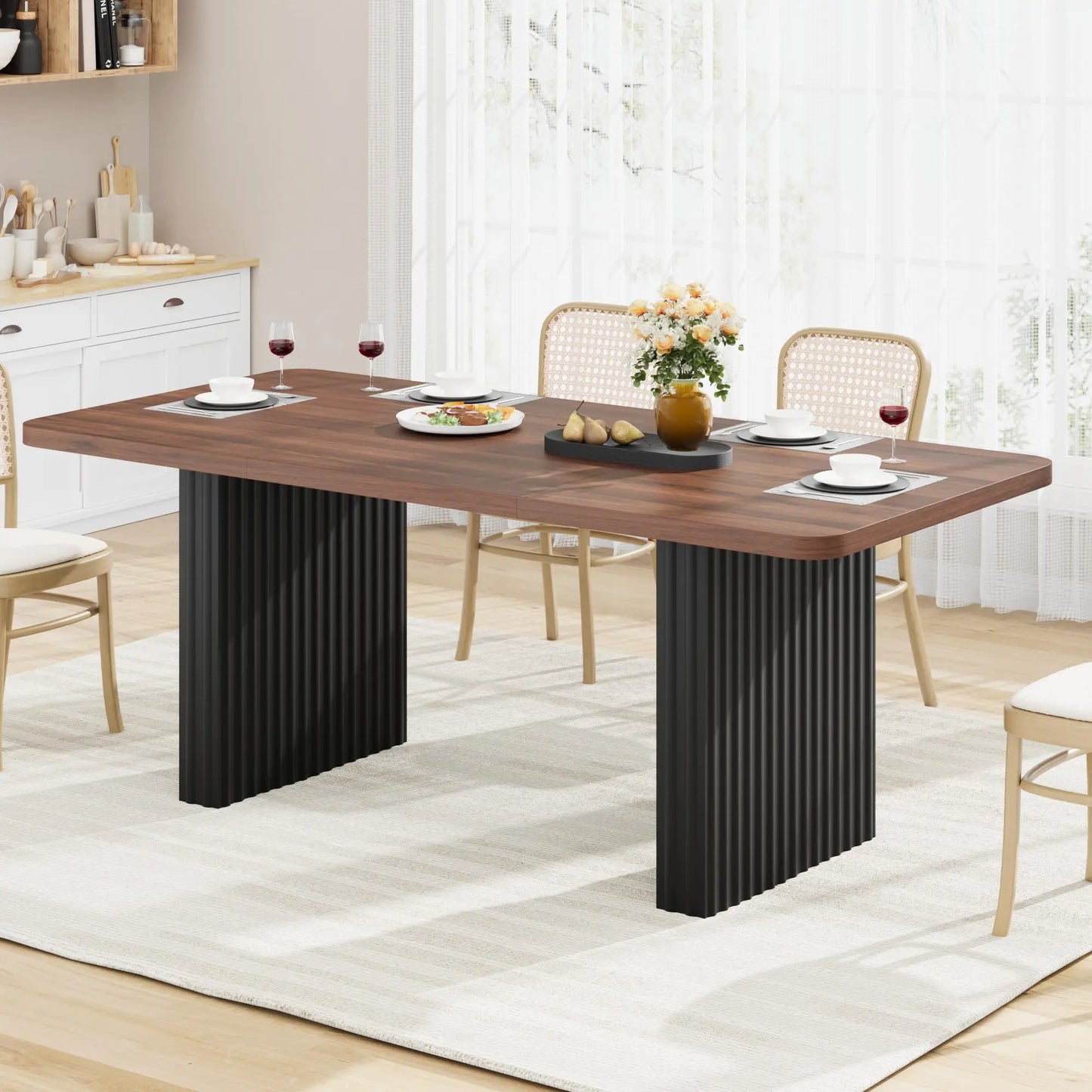 Modern Dining Table for 6-8, 71" Rectangular Farmhouse Kitchen Table with 3.6"×22.9" Black Fluted Wave Metal Legs & Wooden Top, Large Dining Table for Home Office, Dining