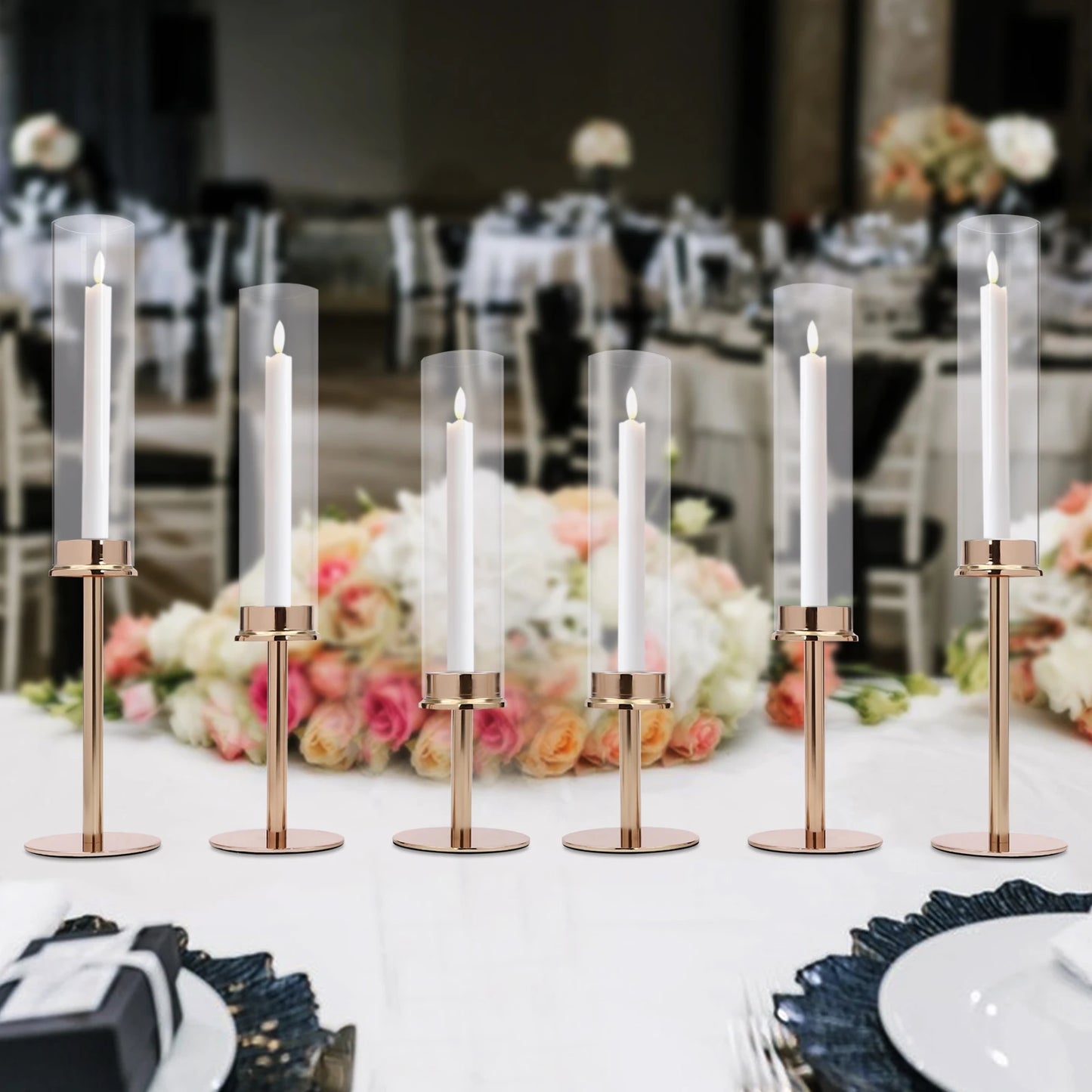 6PCS Candle Holder, Different Heights, Windproof, Gold, Decorative Glass Pillar Candle Holders for Home, Wedding, Party, Dinner